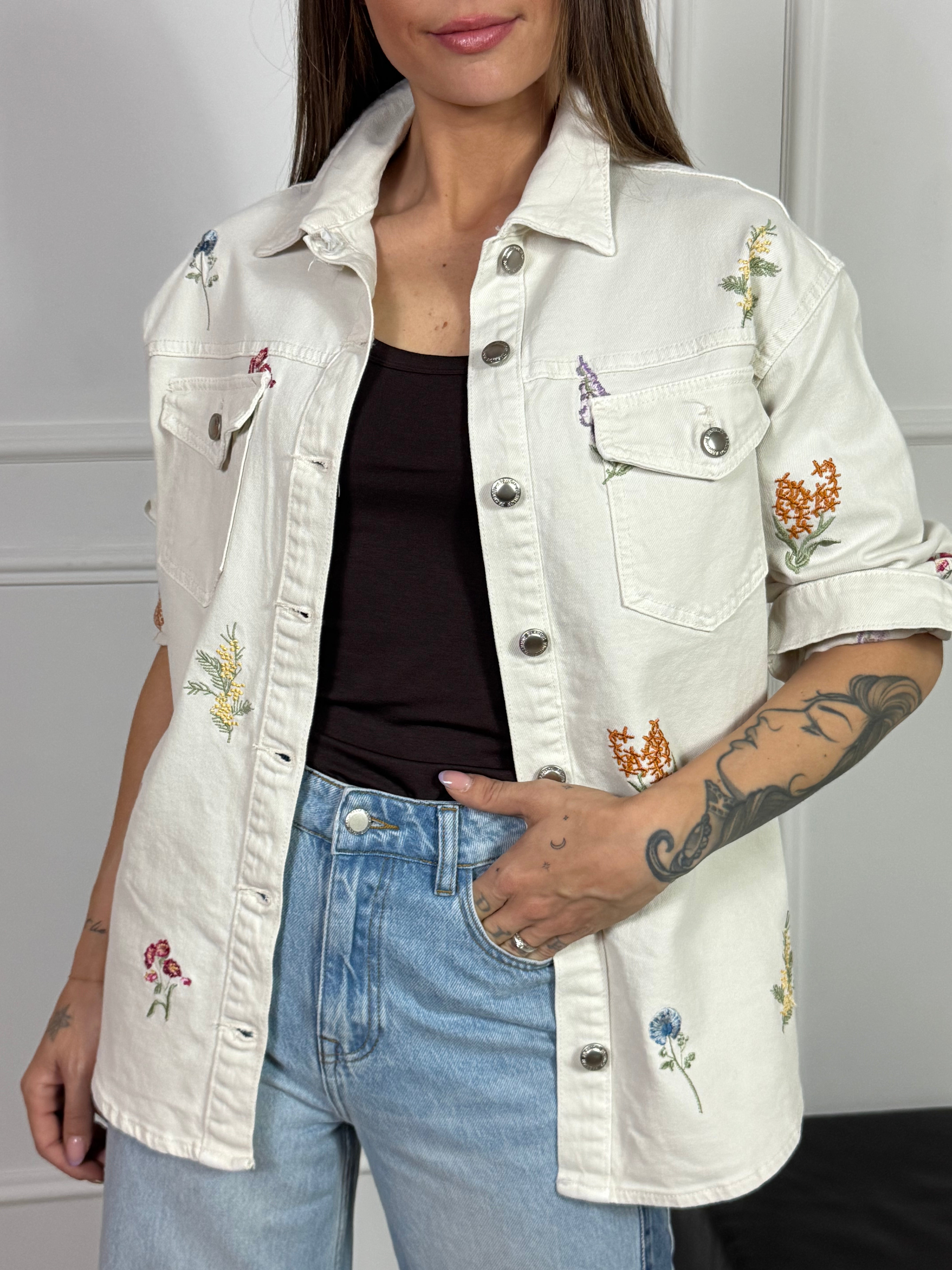 Giacca di jeans PANNA lunga Victoria ILMH ricamo FIORI COLORATI
