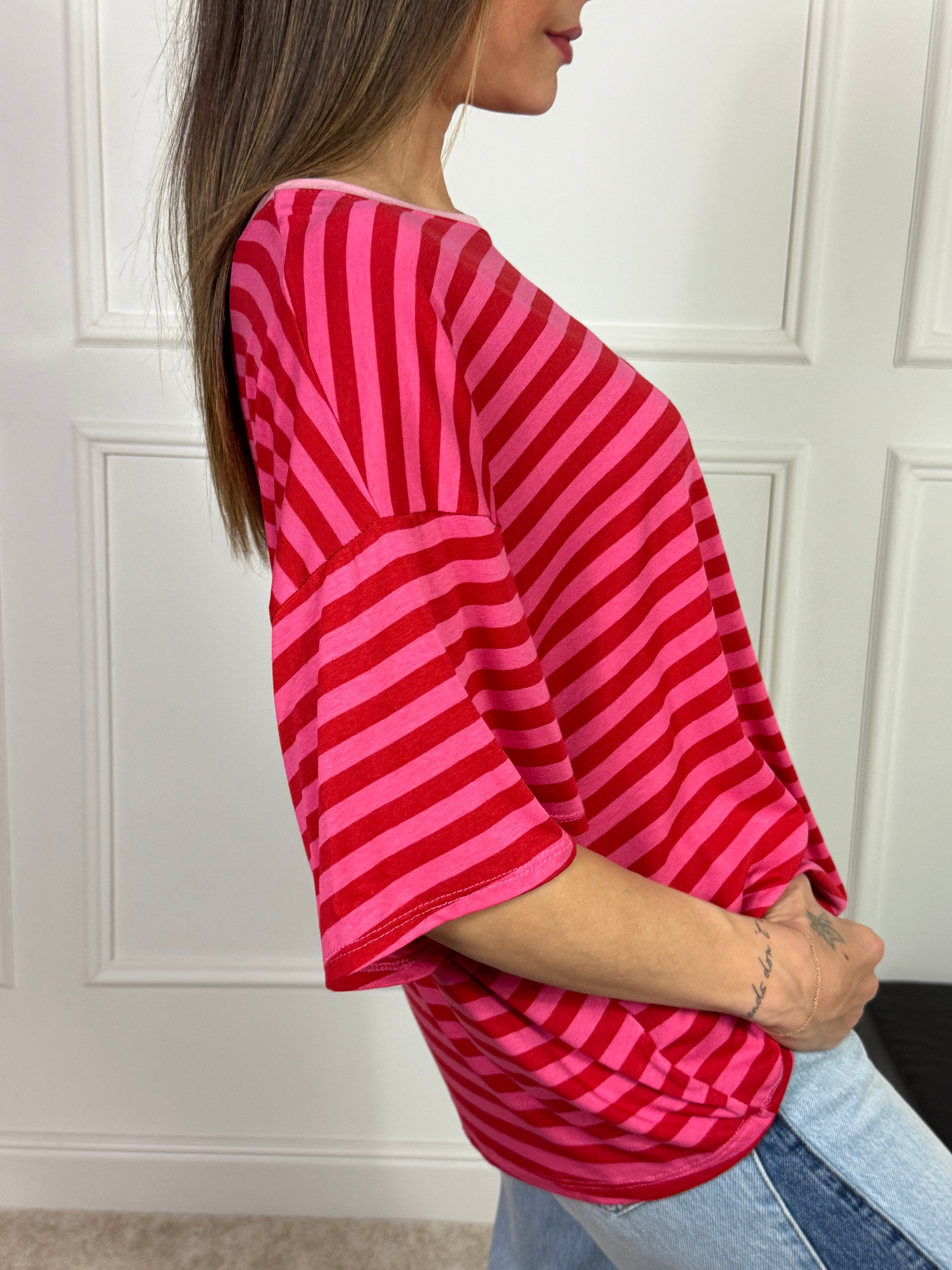 Maglia t-shirt oversize Victoria ILMH RIGHE SOTTILI, SCOLLO A CONTRASTO