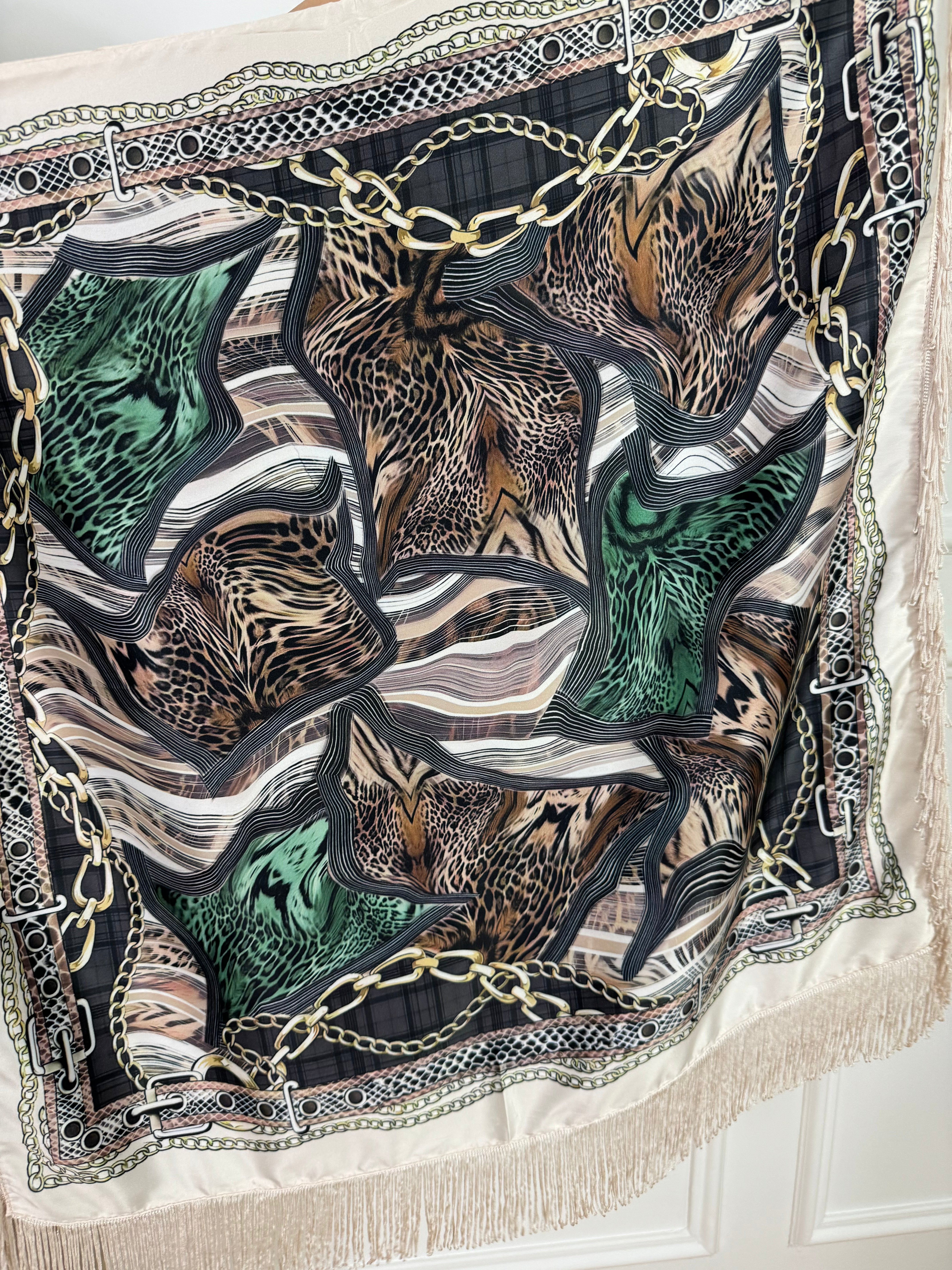 FOULARD QUADRATO in raso con frange Susy Mix fantasia JUNGLE E CATENE