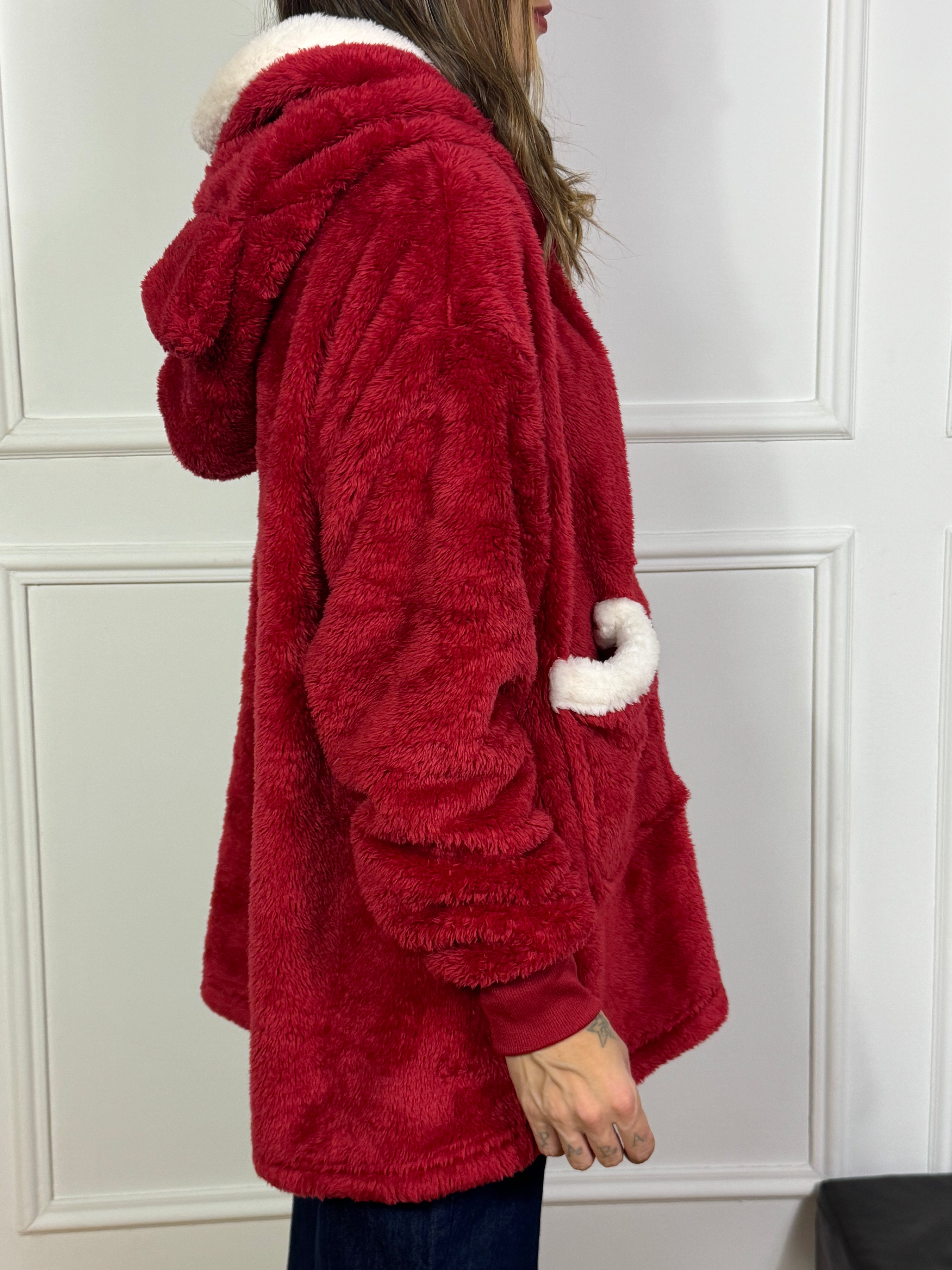 Maxi felpa peluche con cappuccio orecchie - ROSSO