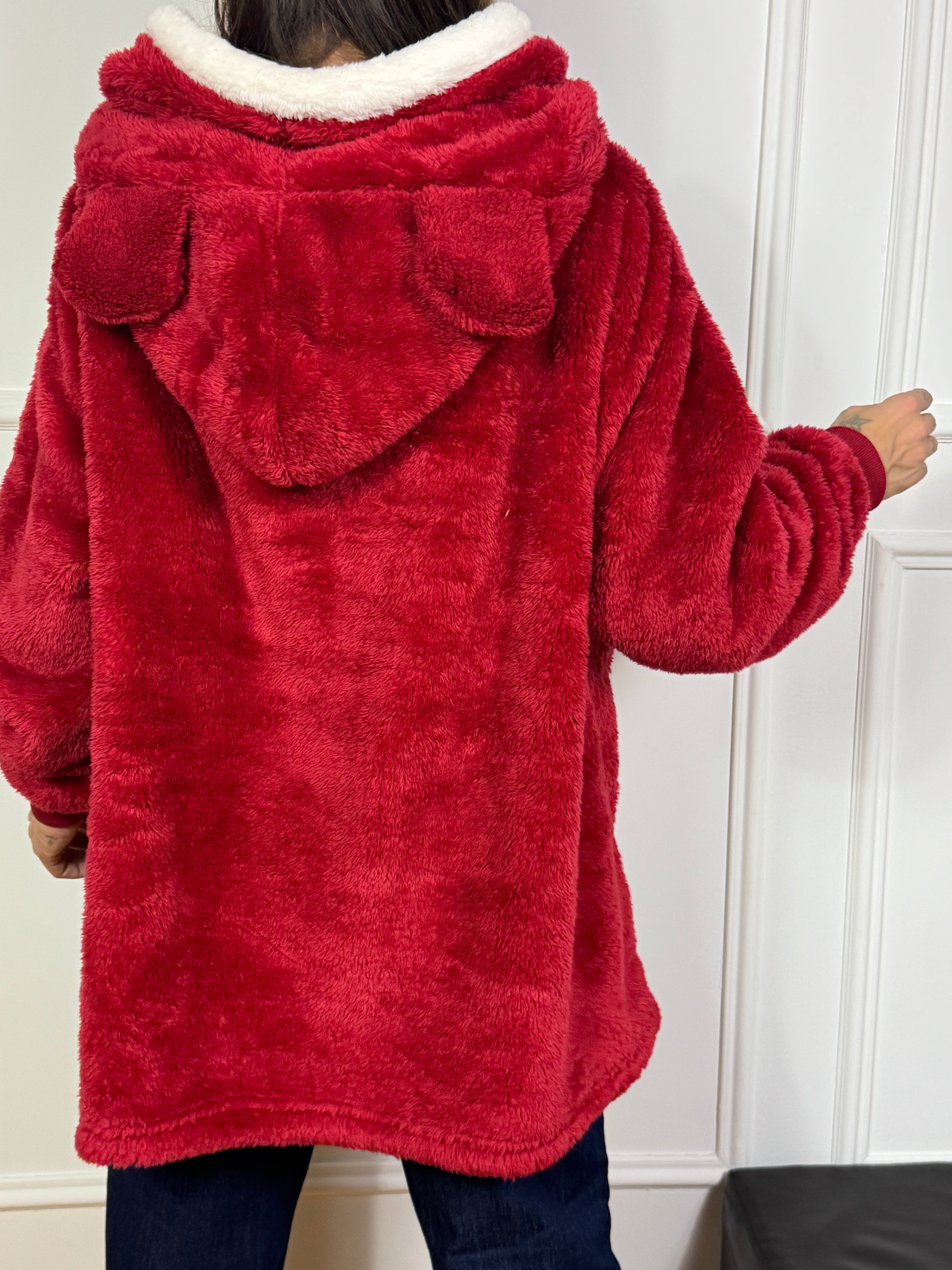 Maxi felpa peluche con cappuccio orecchie - ROSSO