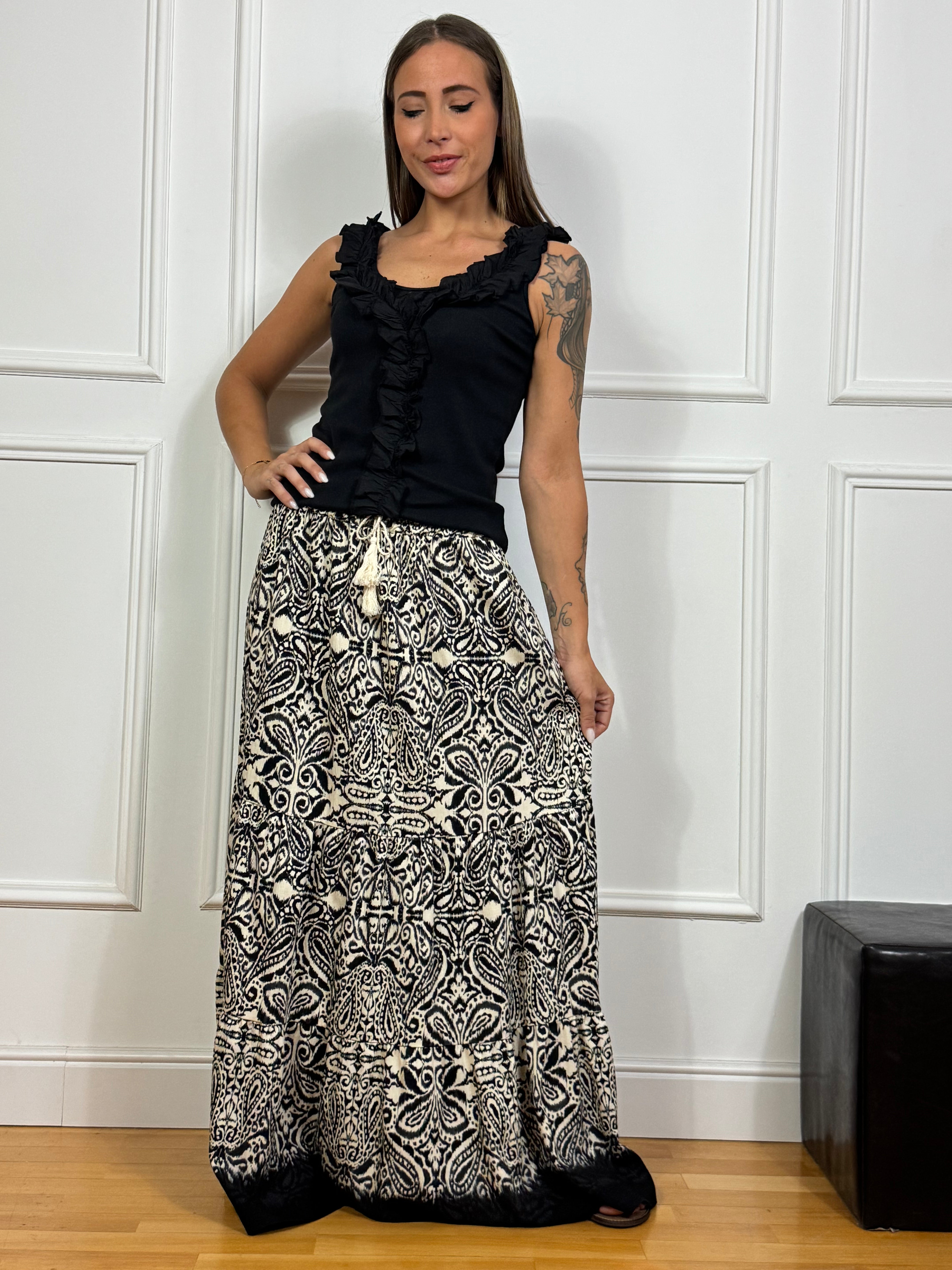 Gonna lunga Victoria ILMH fantasia damascata con coulisse nappine