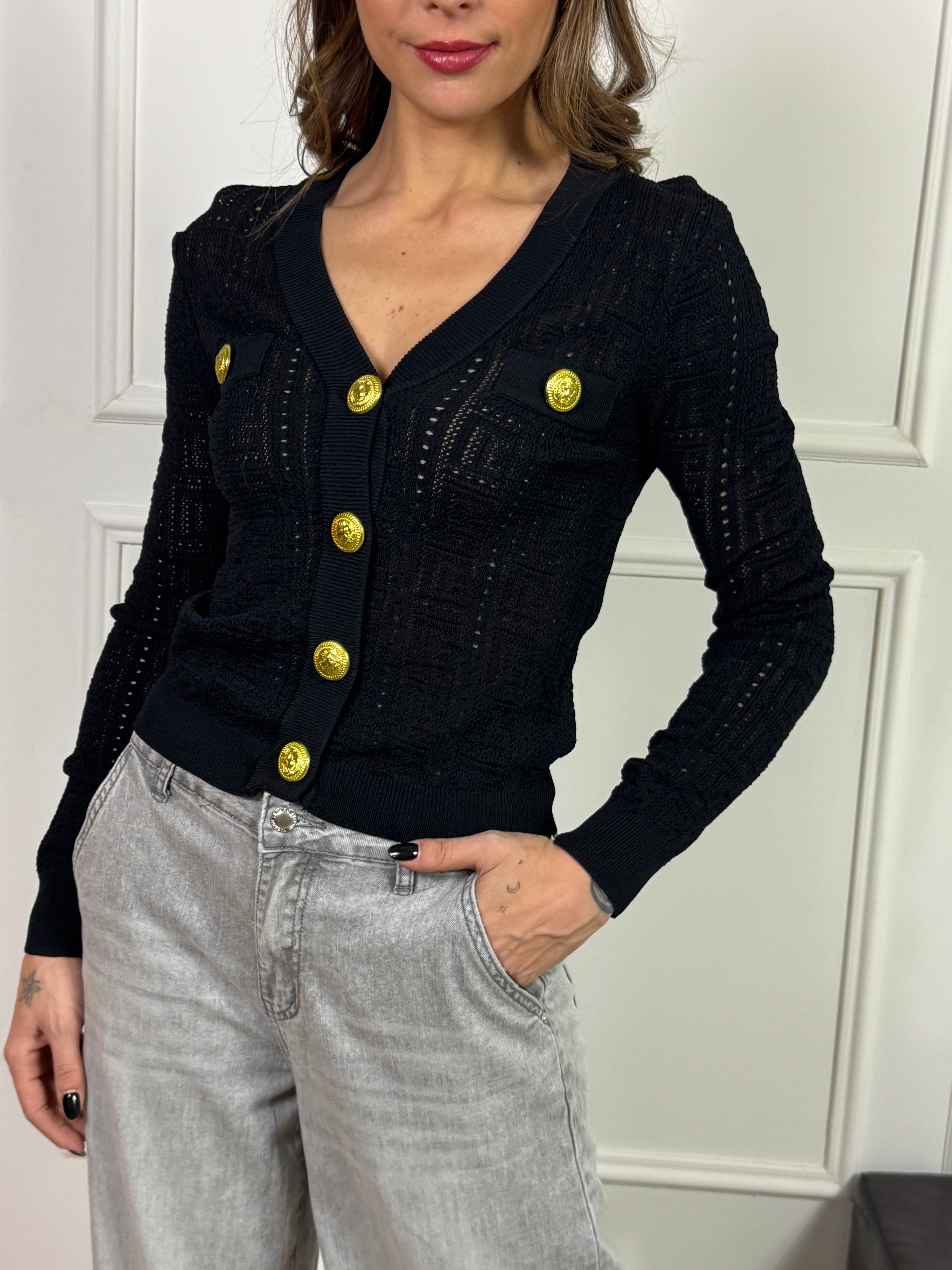 Cardigan in viscosa Victoria ILMH ricamo traforato bottoni dorati