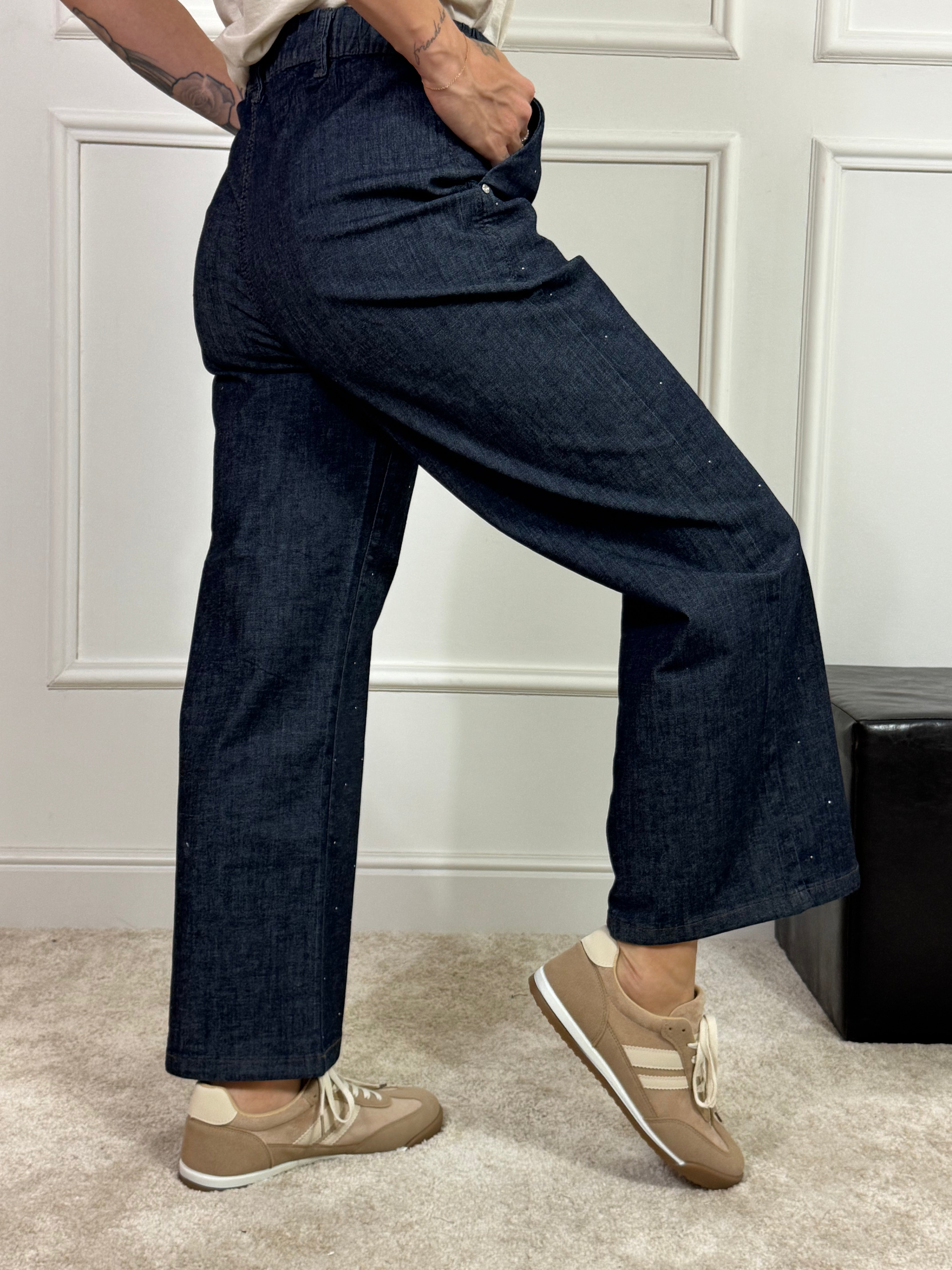 Pantalone JEANS CHAMBRAY STRASS modello CROPPED WIDE with pockets -Ragno ART. DP24P4