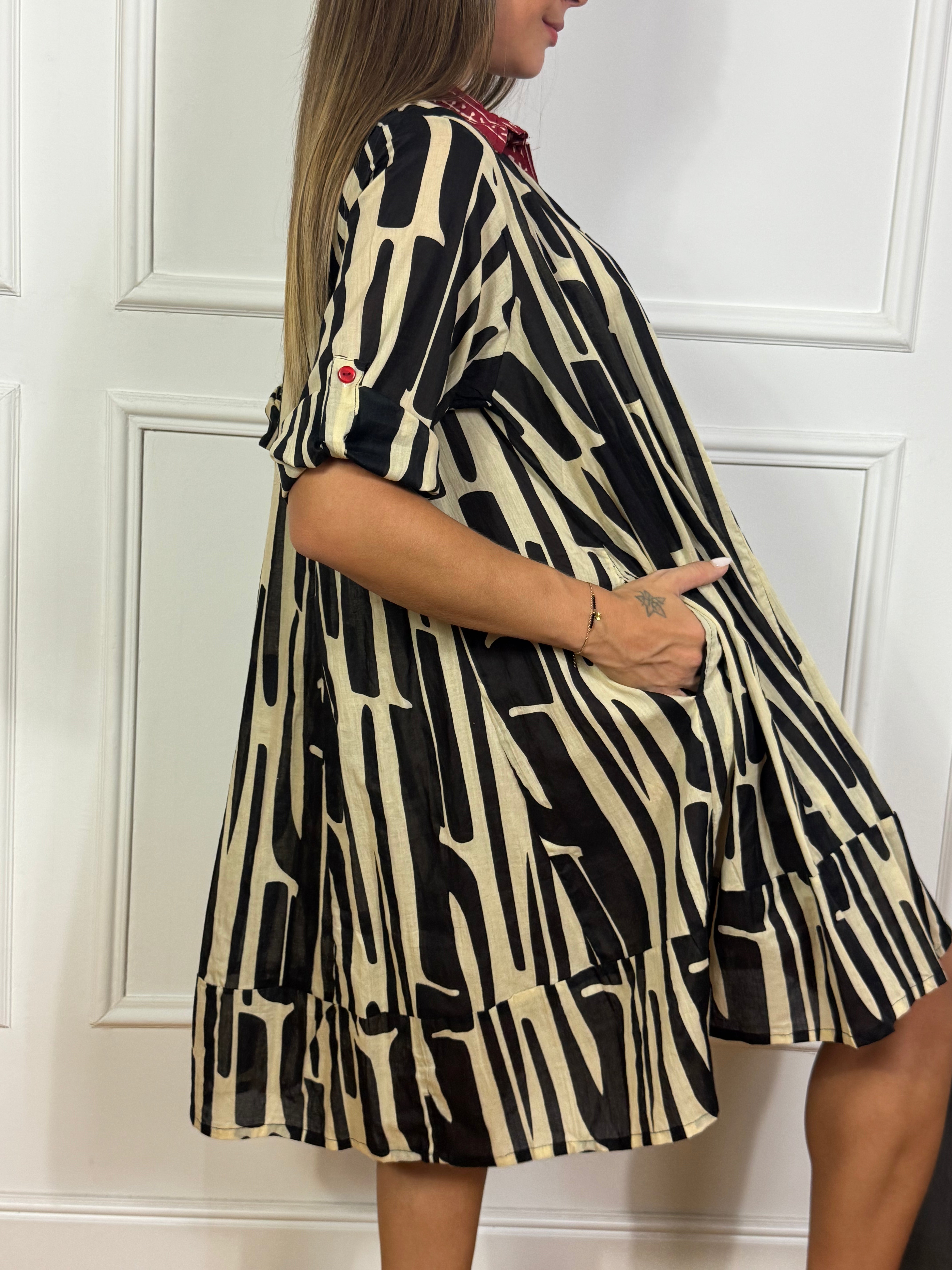 ABITO CORTO OVER CHEMISIER Victoria ILMH fantasia NERO-BEIGE con COLLETTO
