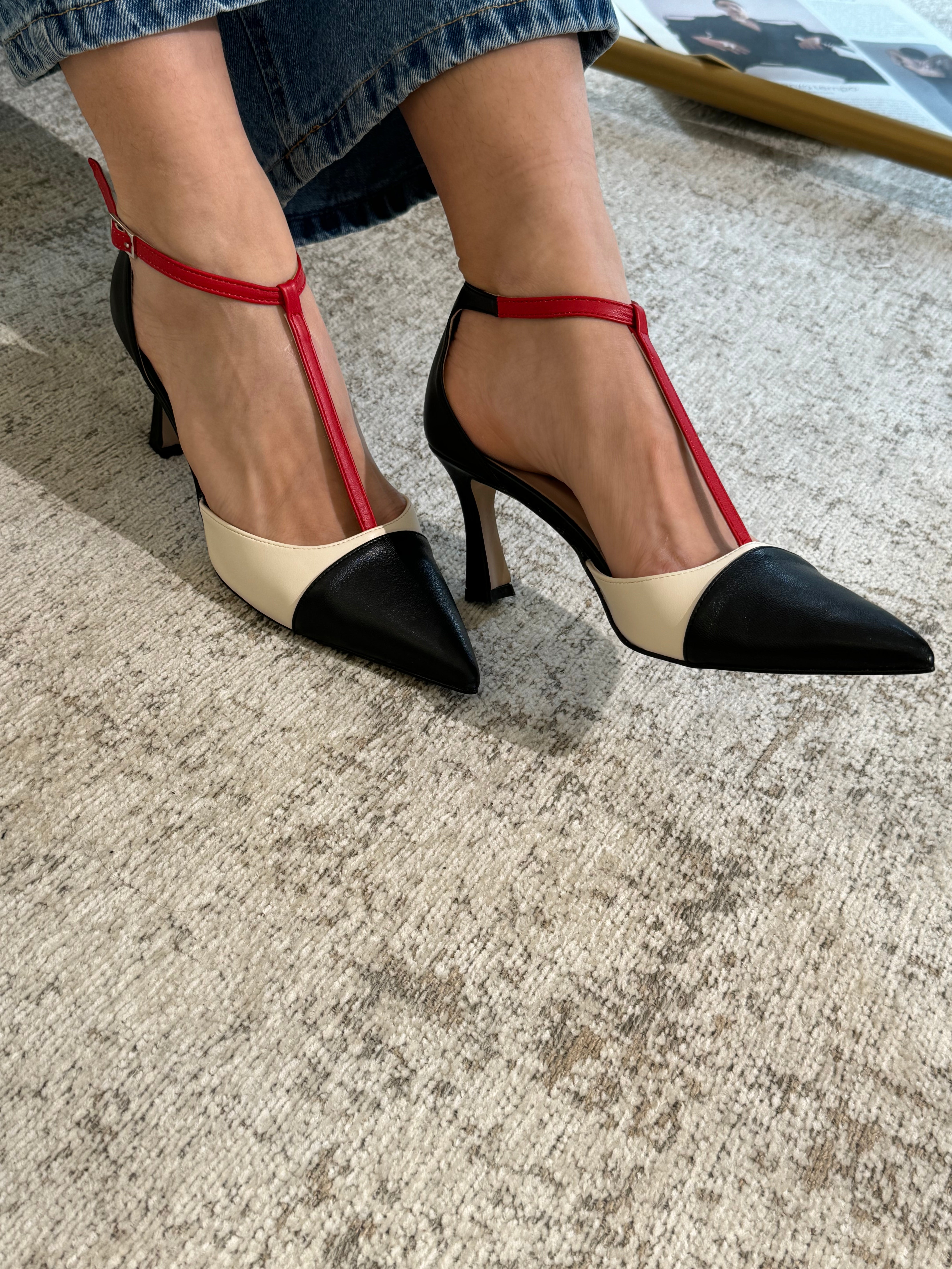 Scarpa con tacco vera pelle Ovyè NERO-ROSSO-PANNA