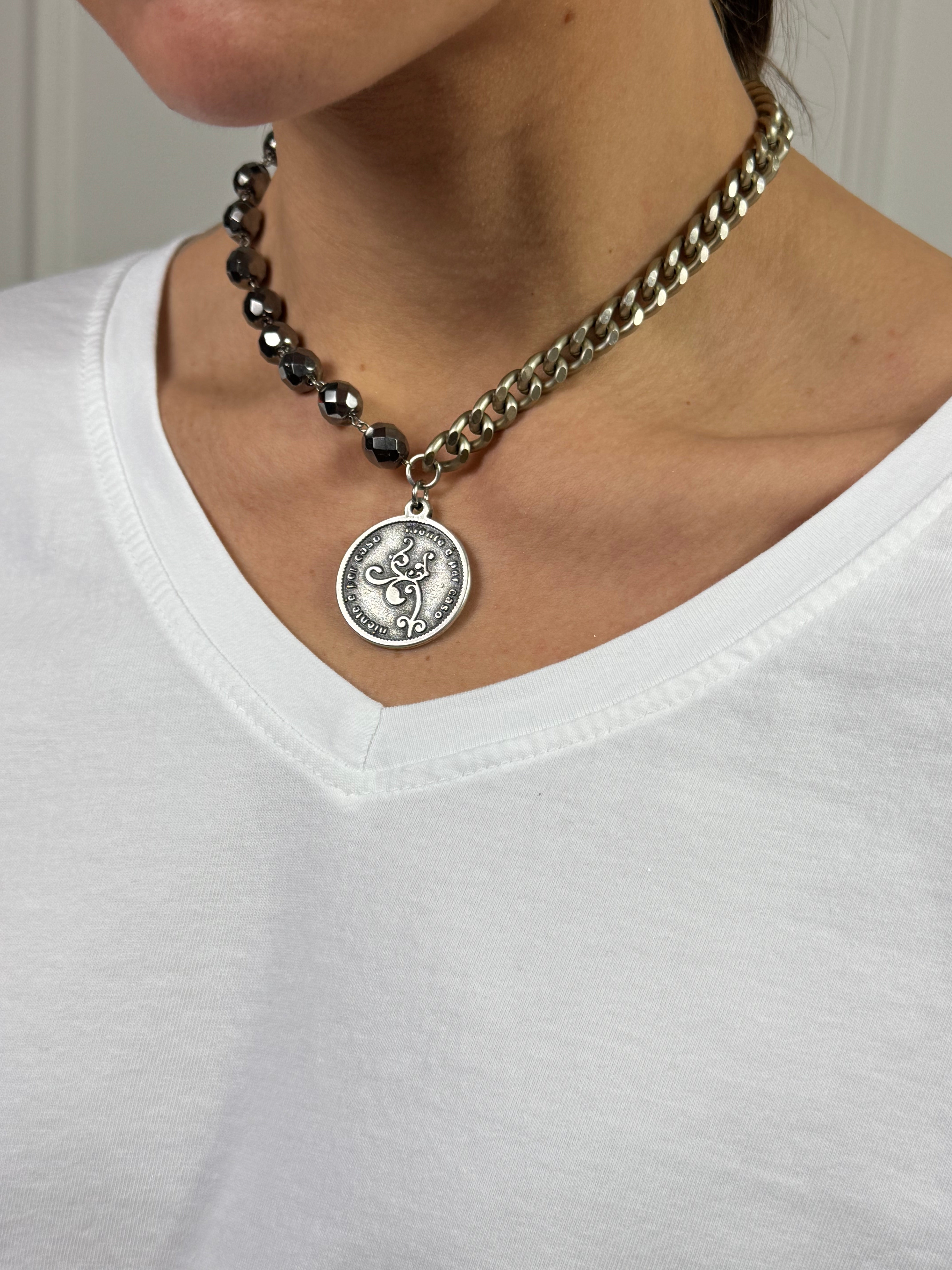 COLLANA CORTA / BRACCIALE DOPPIO GIRO Momi FRANCESCA- catena ARGENTO- ciondolo MEDAGLIA TONDO