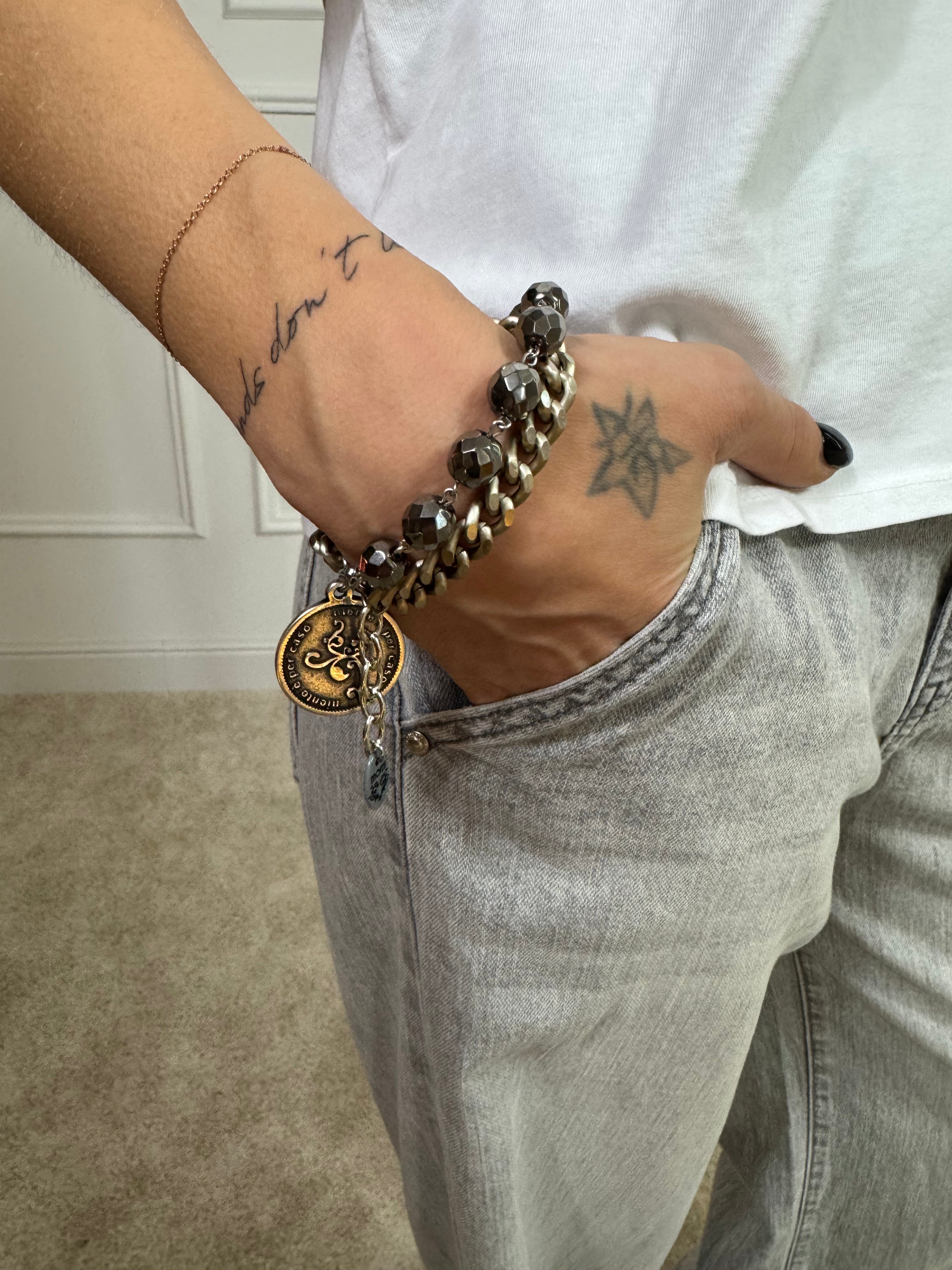 COLLANA CORTA / BRACCIALE DOPPIO GIRO Momi FRANCESCA- catena ARGENTO- ciondolo MEDAGLIA TONDO