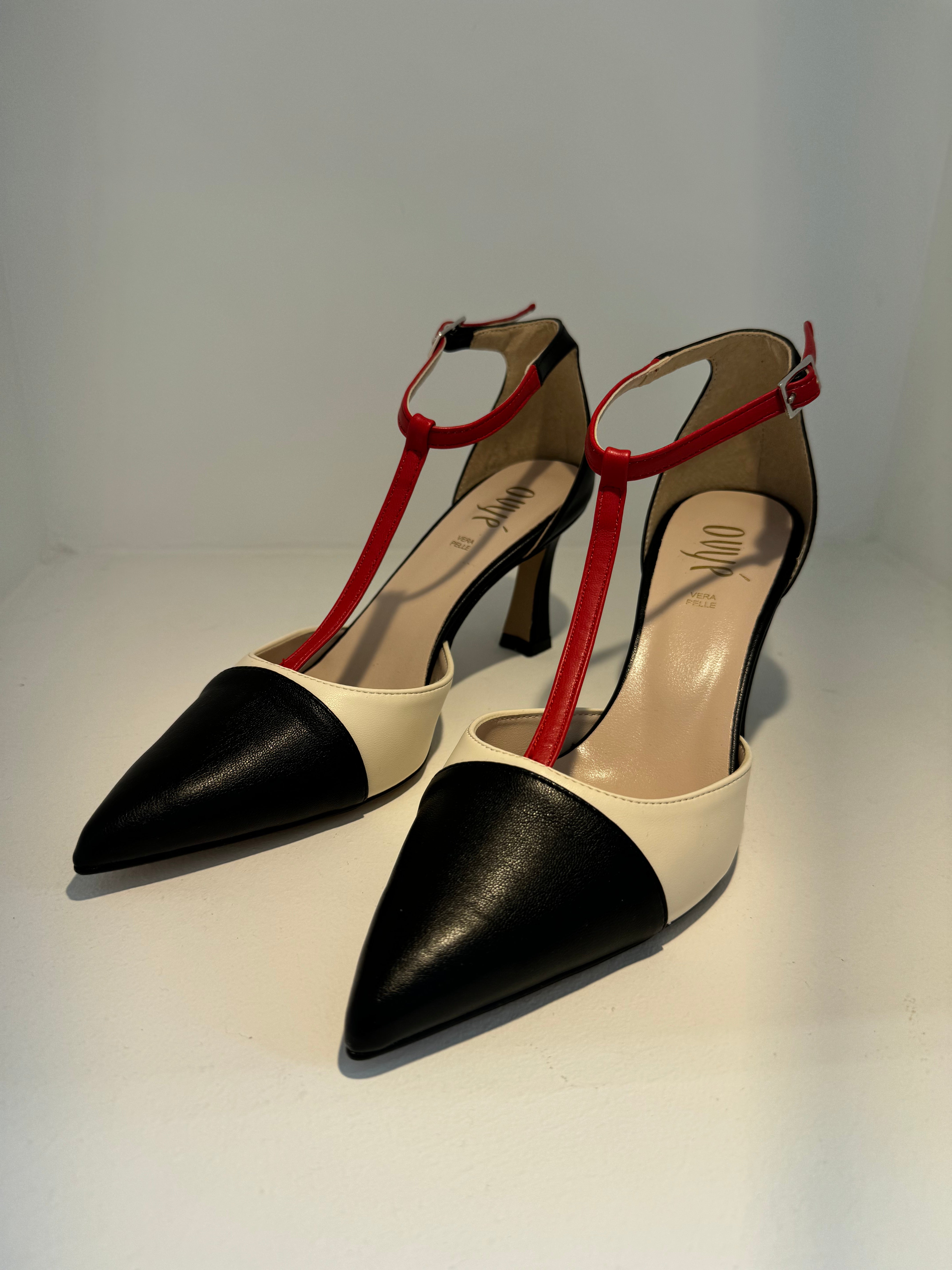 Scarpa con tacco vera pelle Ovyè NERO-ROSSO-PANNA