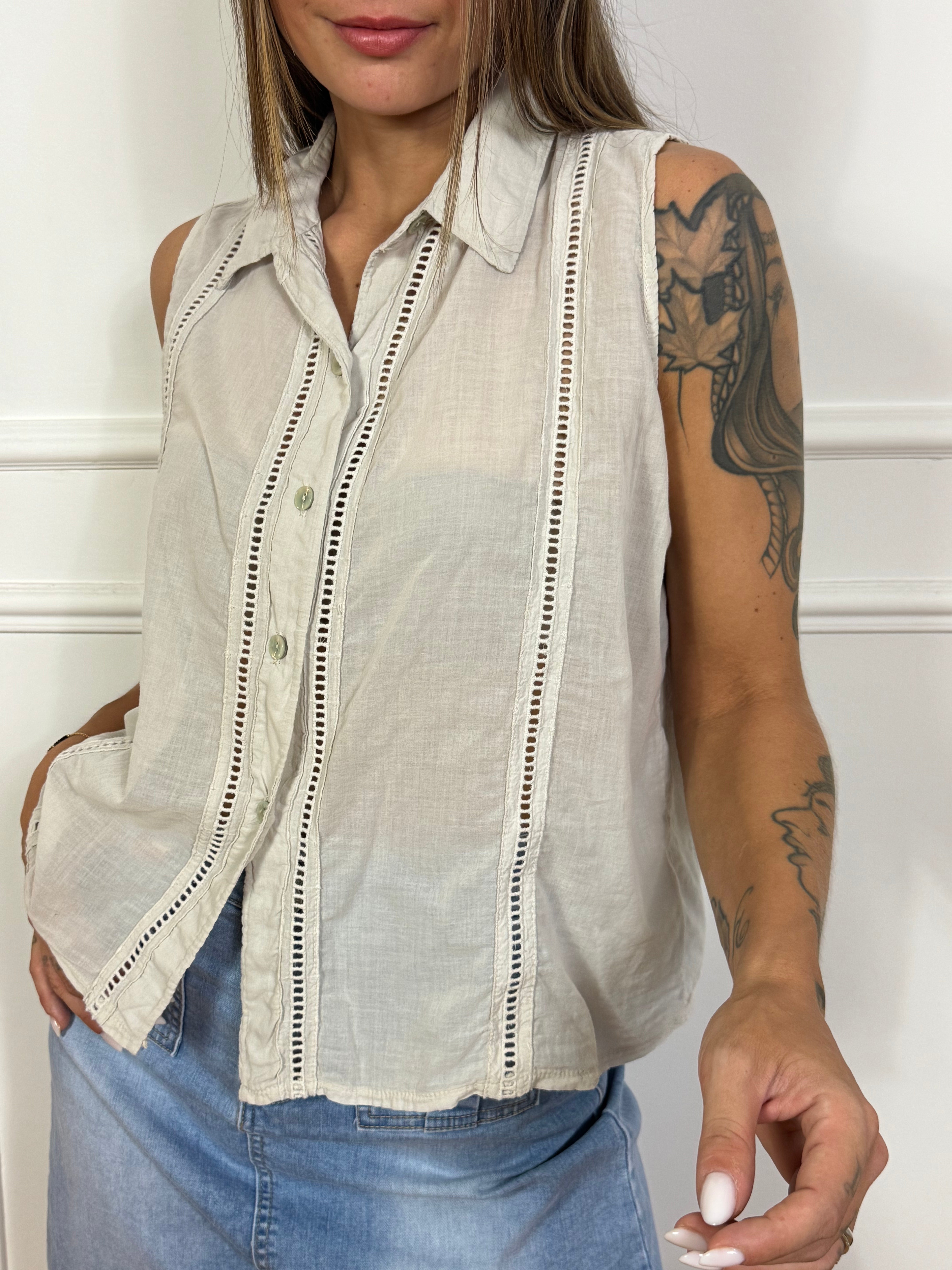 CAMICIA SMANICATA CON COLLETTO Victoria ILMH con ricami traforati verticali