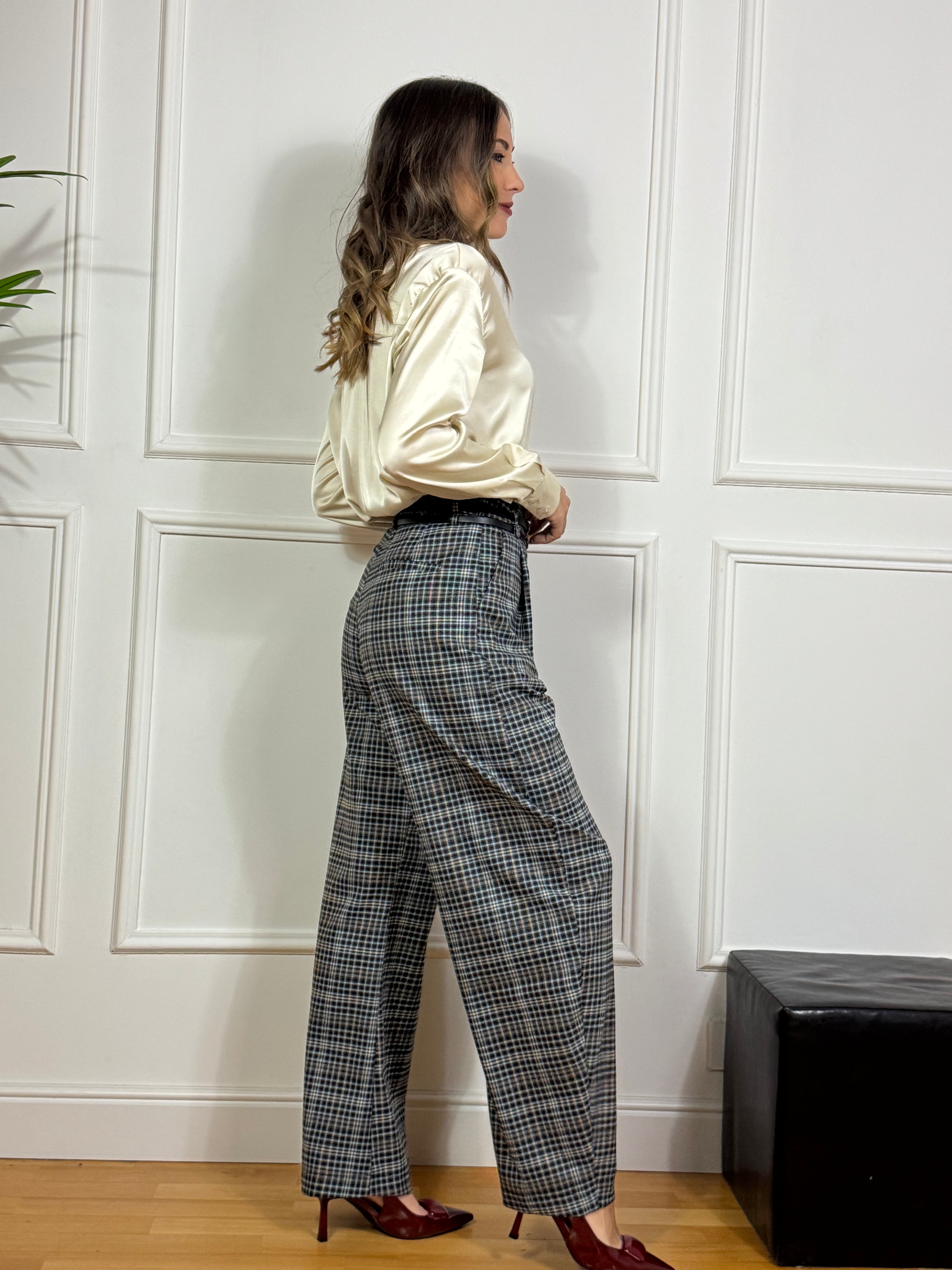 Pantalone ampio carota con pinces Victoria ILMH fantasia scozzese AZZURRO-SABBIA