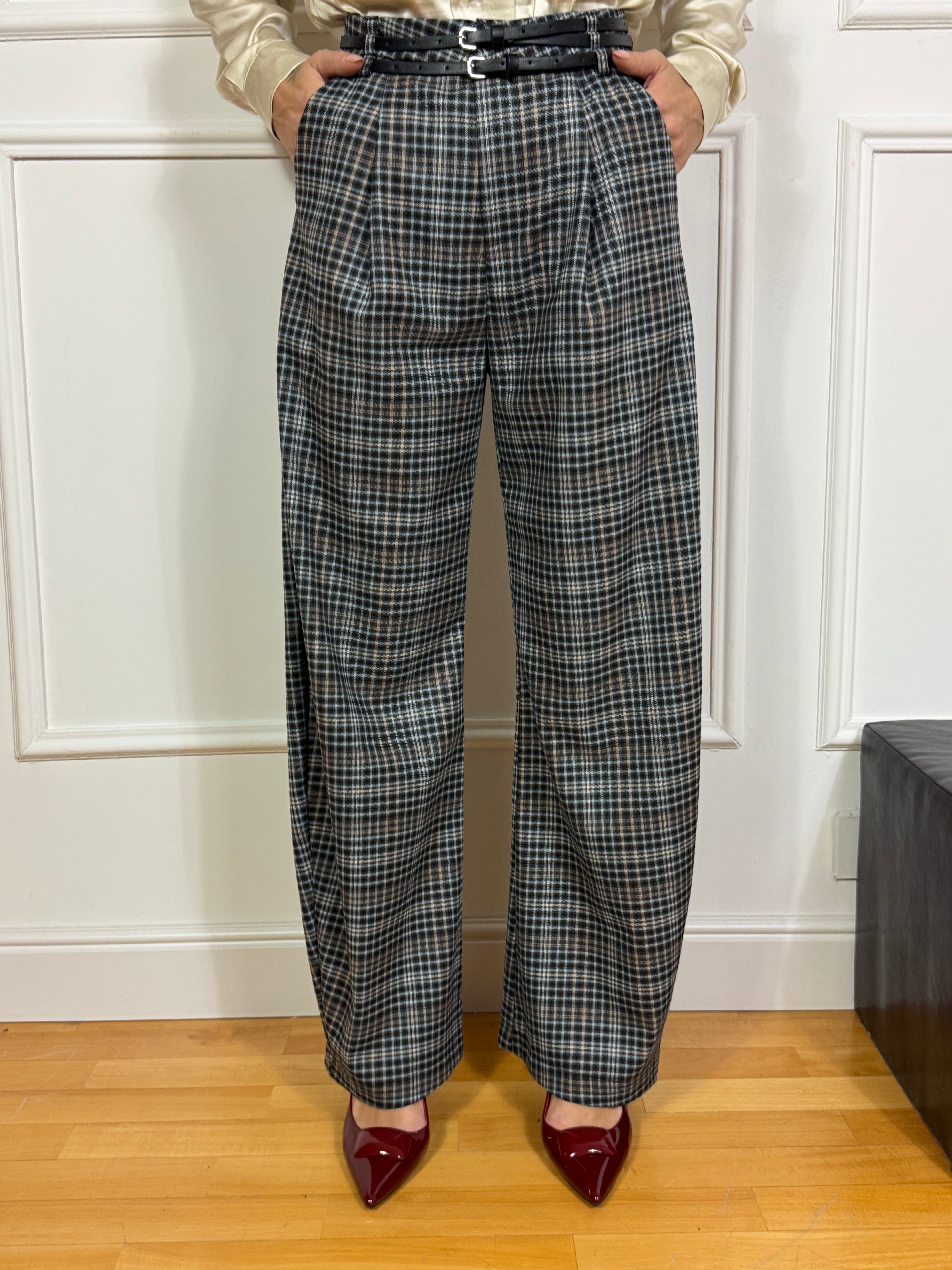 Pantalone ampio carota con pinces Victoria ILMH fantasia scozzese AZZURRO-SABBIA