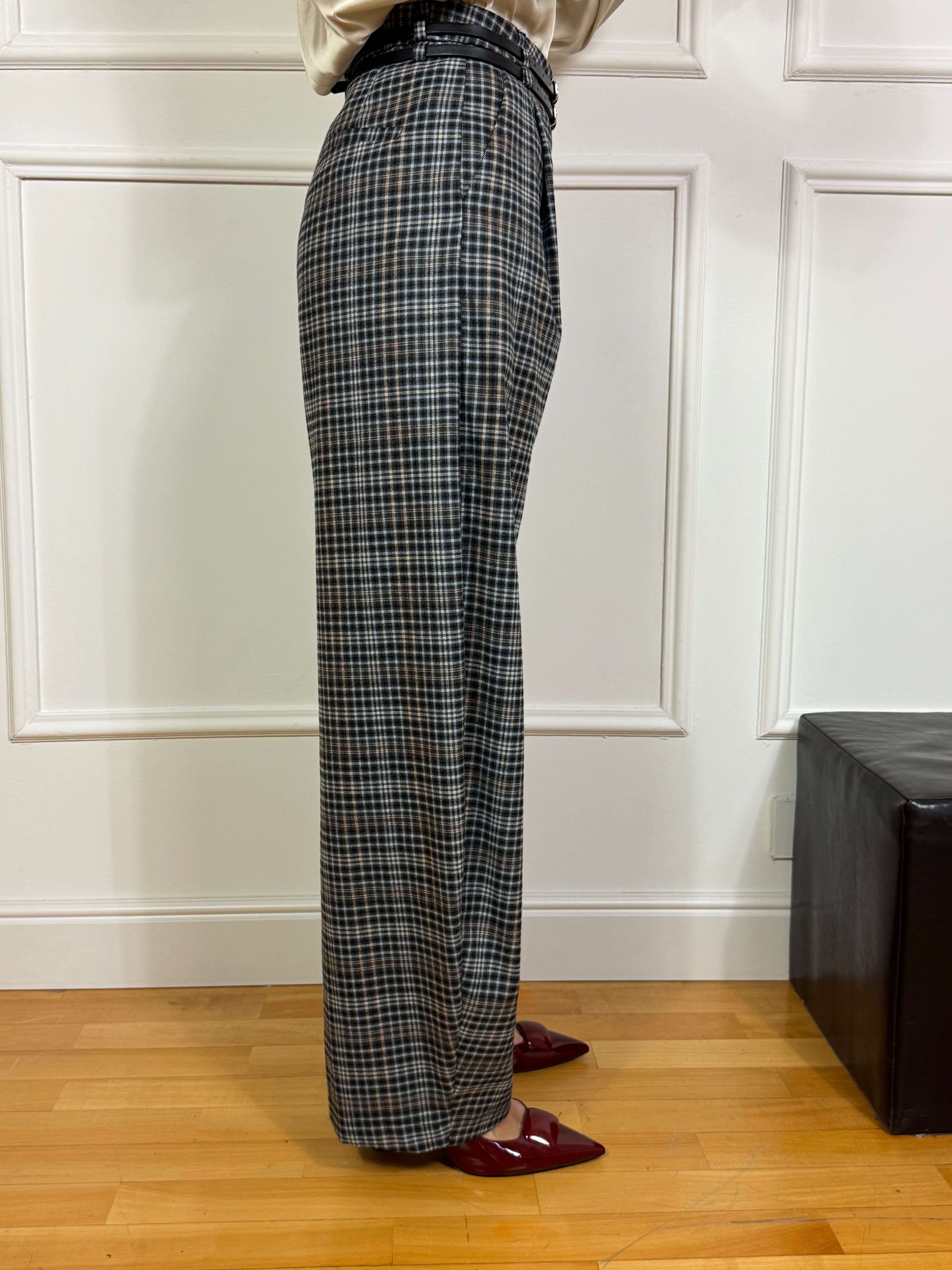 Pantalone ampio carota con pinces Victoria ILMH fantasia scozzese AZZURRO-SABBIA