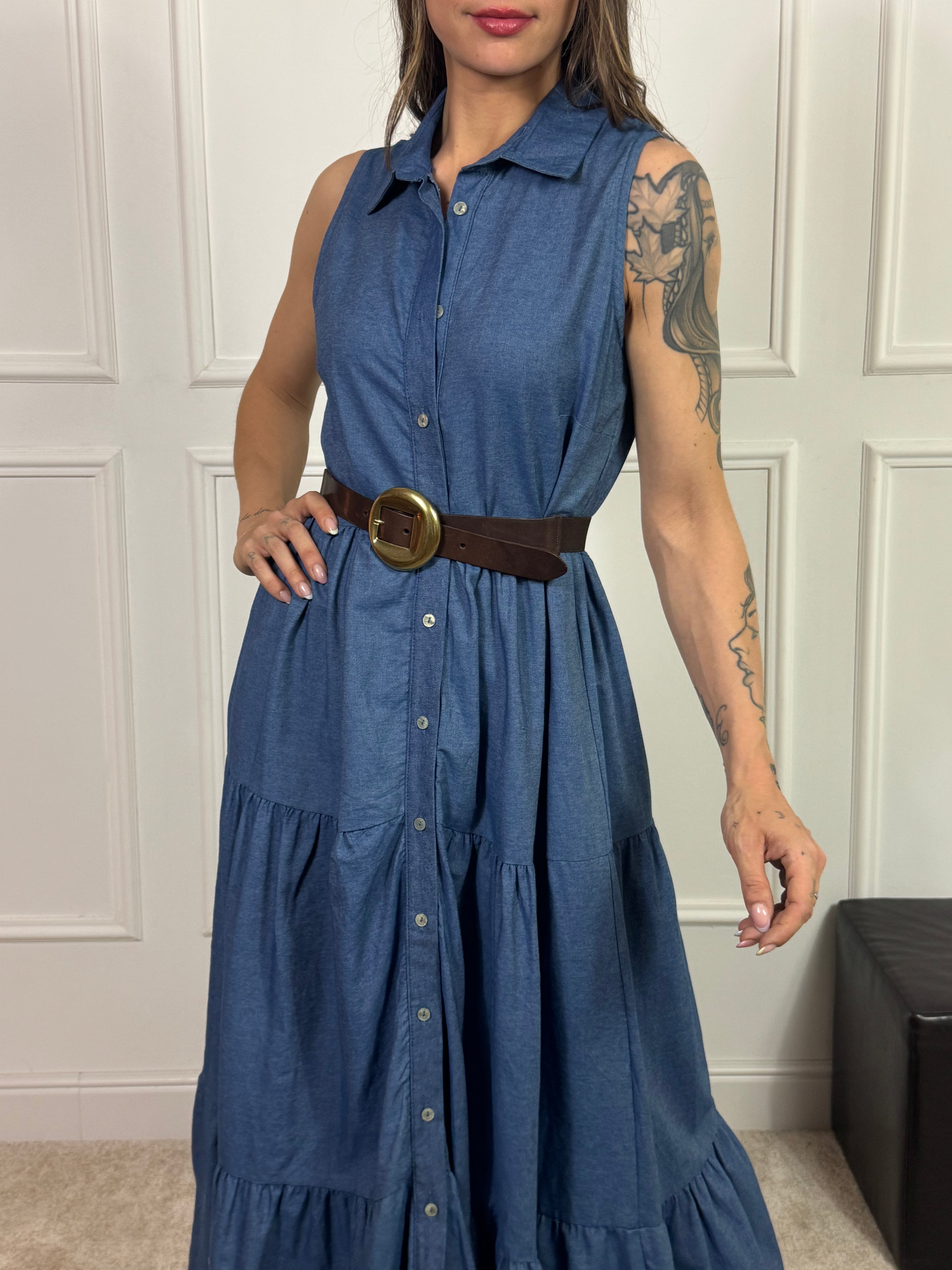 Abito smanicato lungo chemisier Victoria ILMH CHAMBRAY CON BALZE