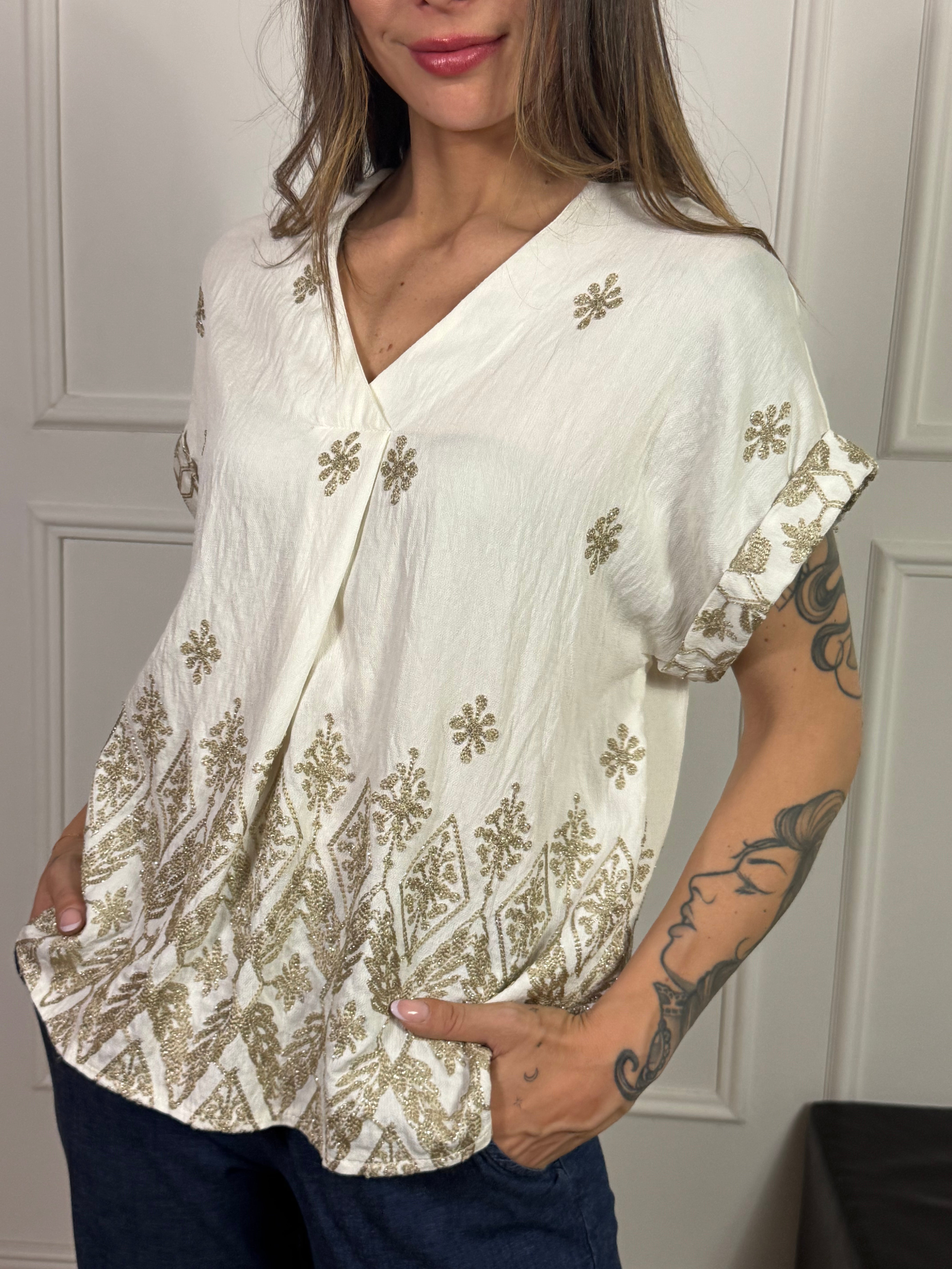 Camicia Victoria ILMH scollo V - RICAMI ORO MANICA CORTA