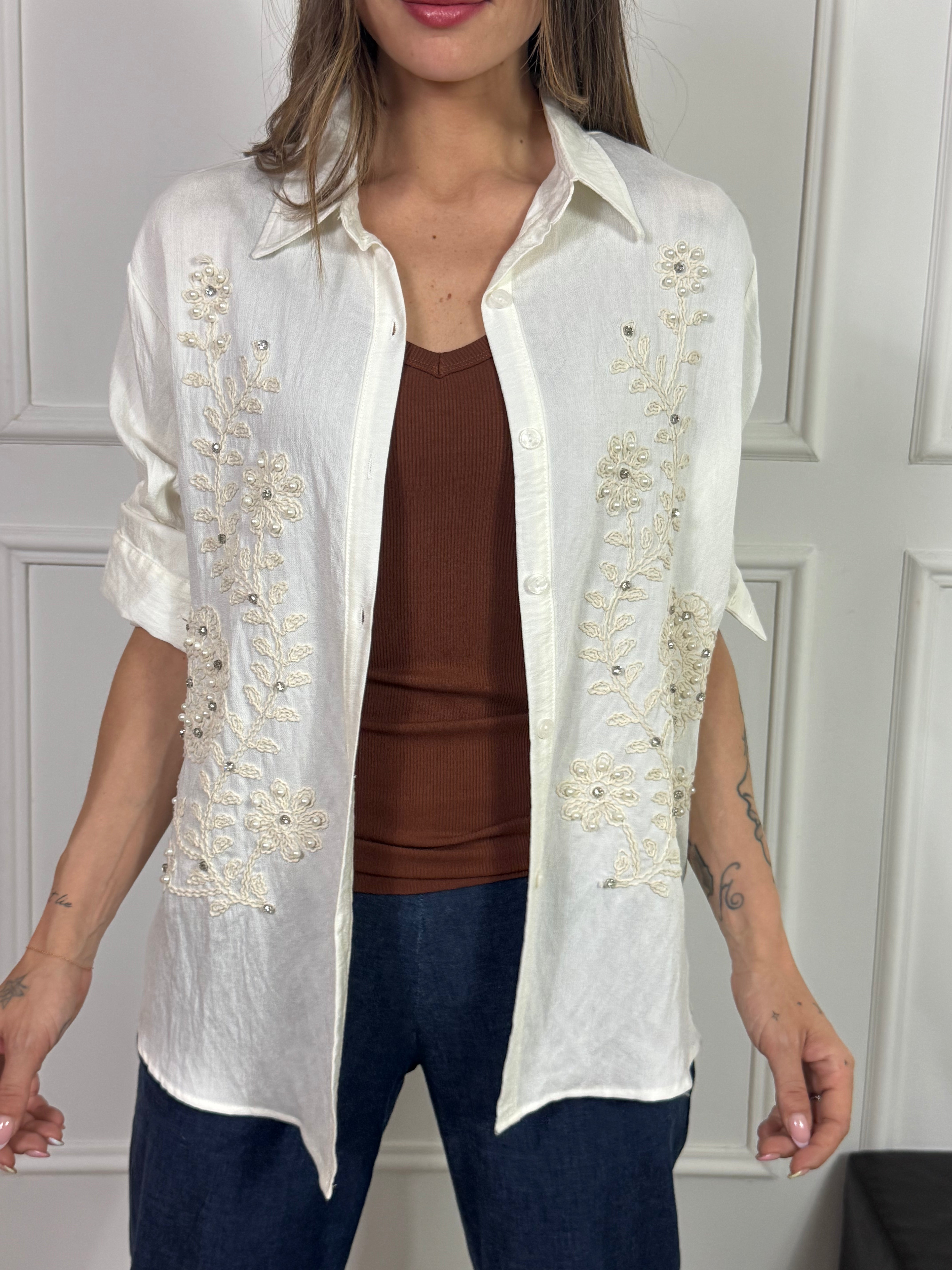 Camicia manica lunga Victoria ILMH - RICAMI FIORI CON PERLE E ZIRCONI