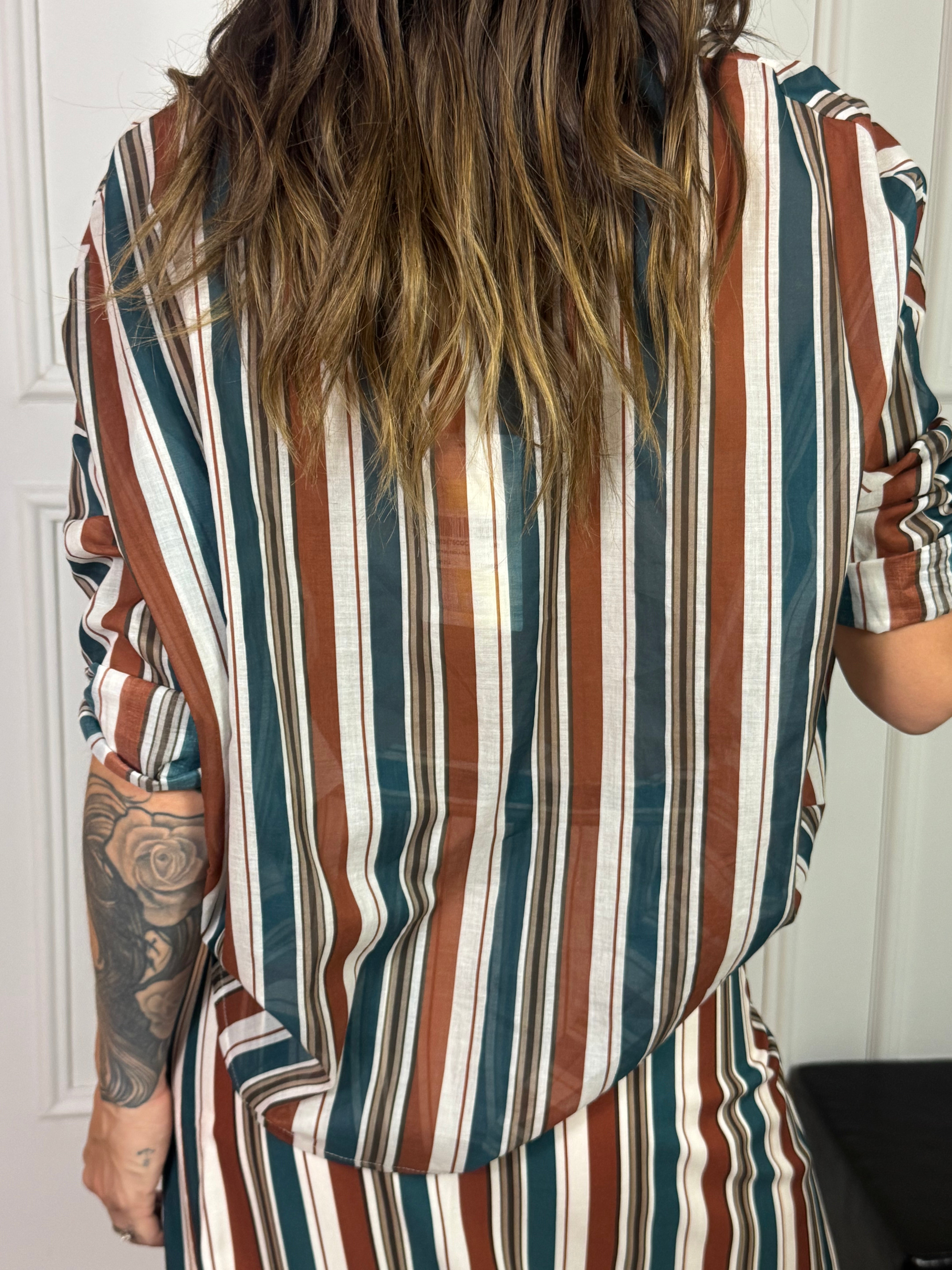 Camicia Kikisix in mussola di cotone collo coreana RIGHE PETROLIO MATTONE PANNA