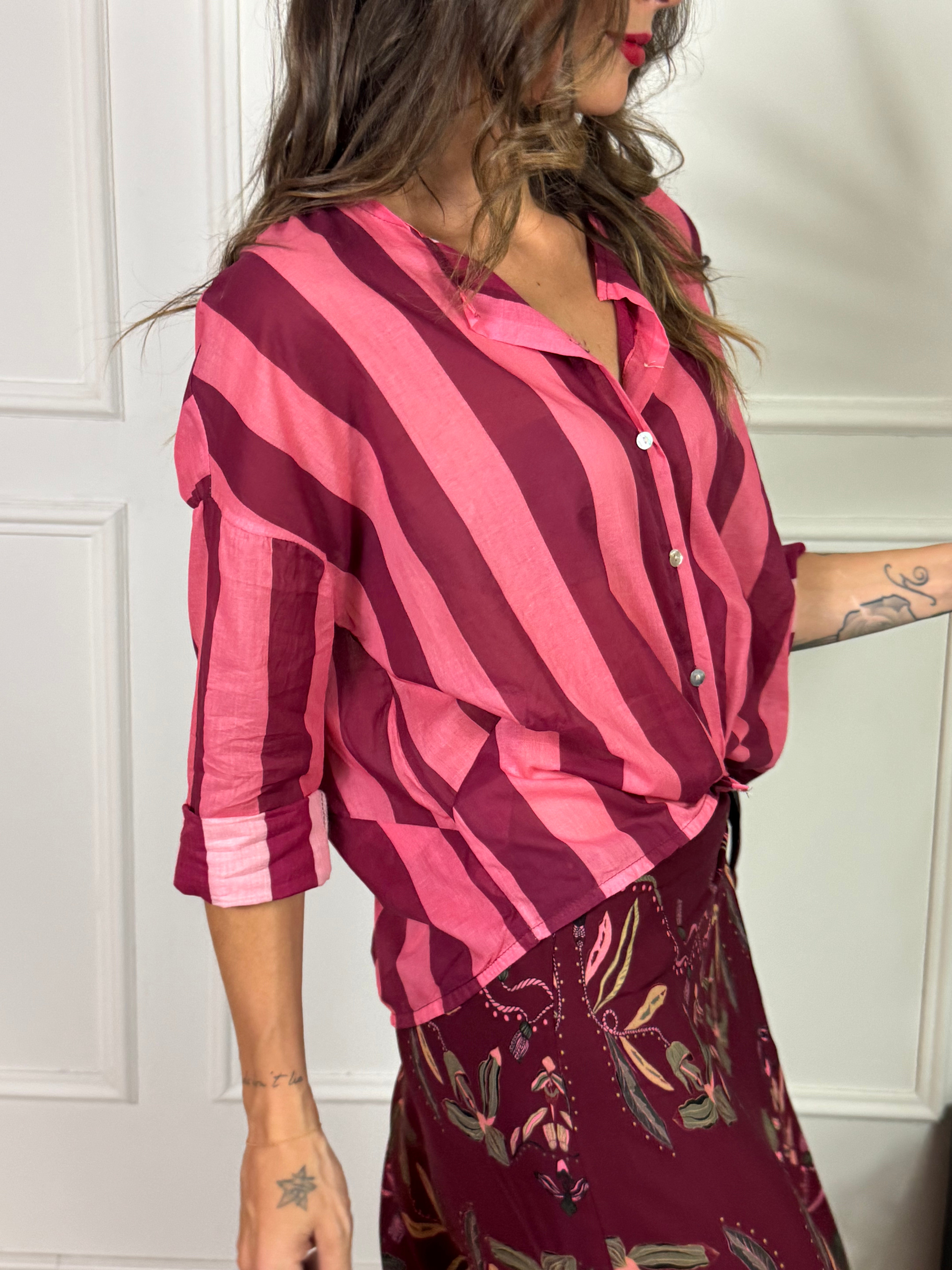 Camicia Kikisix in mussola di cotone collo coreana RIGHE GROSSE