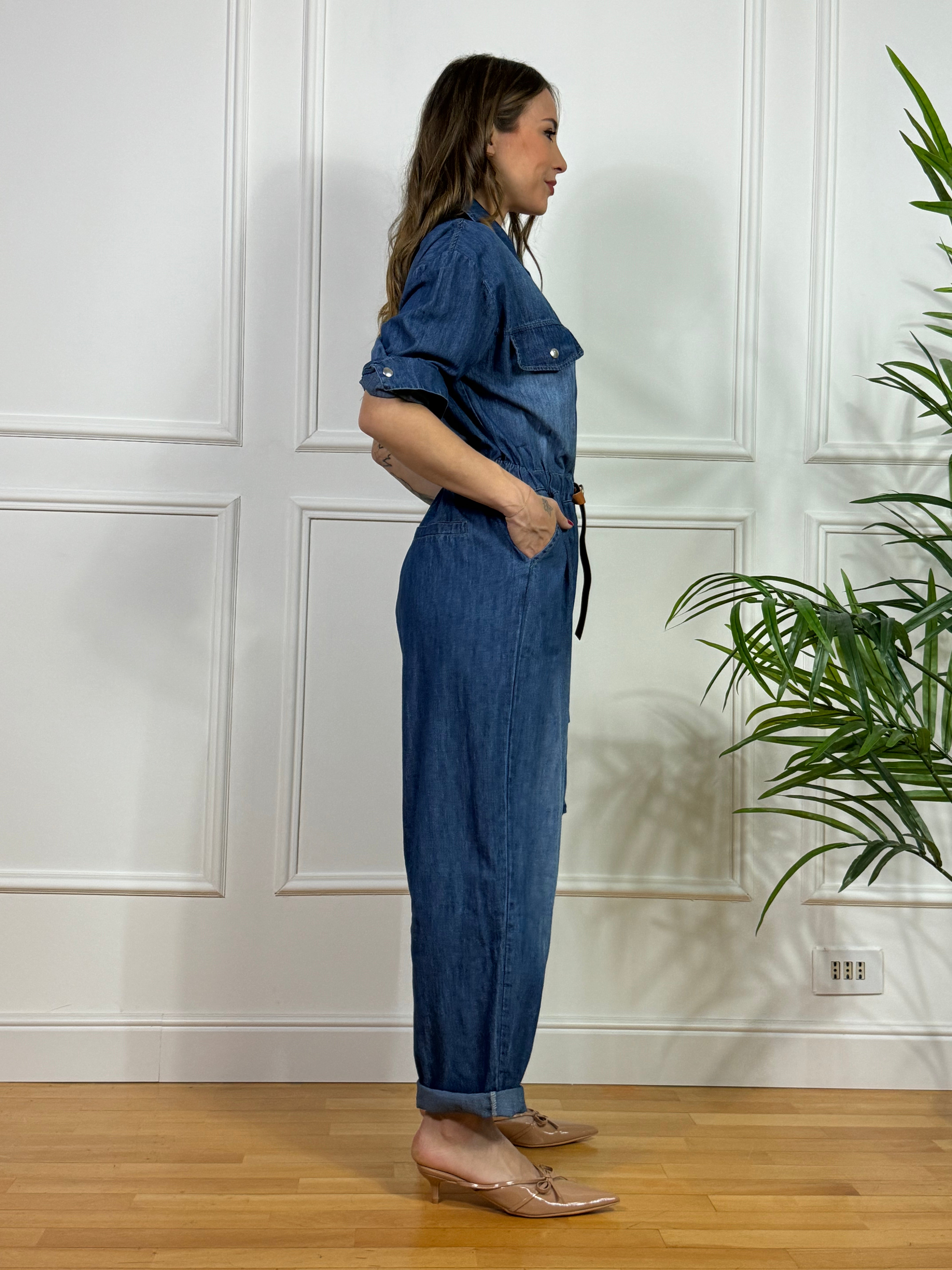 Tuta Susy Mix in jeans chambray con cintura e coulisse