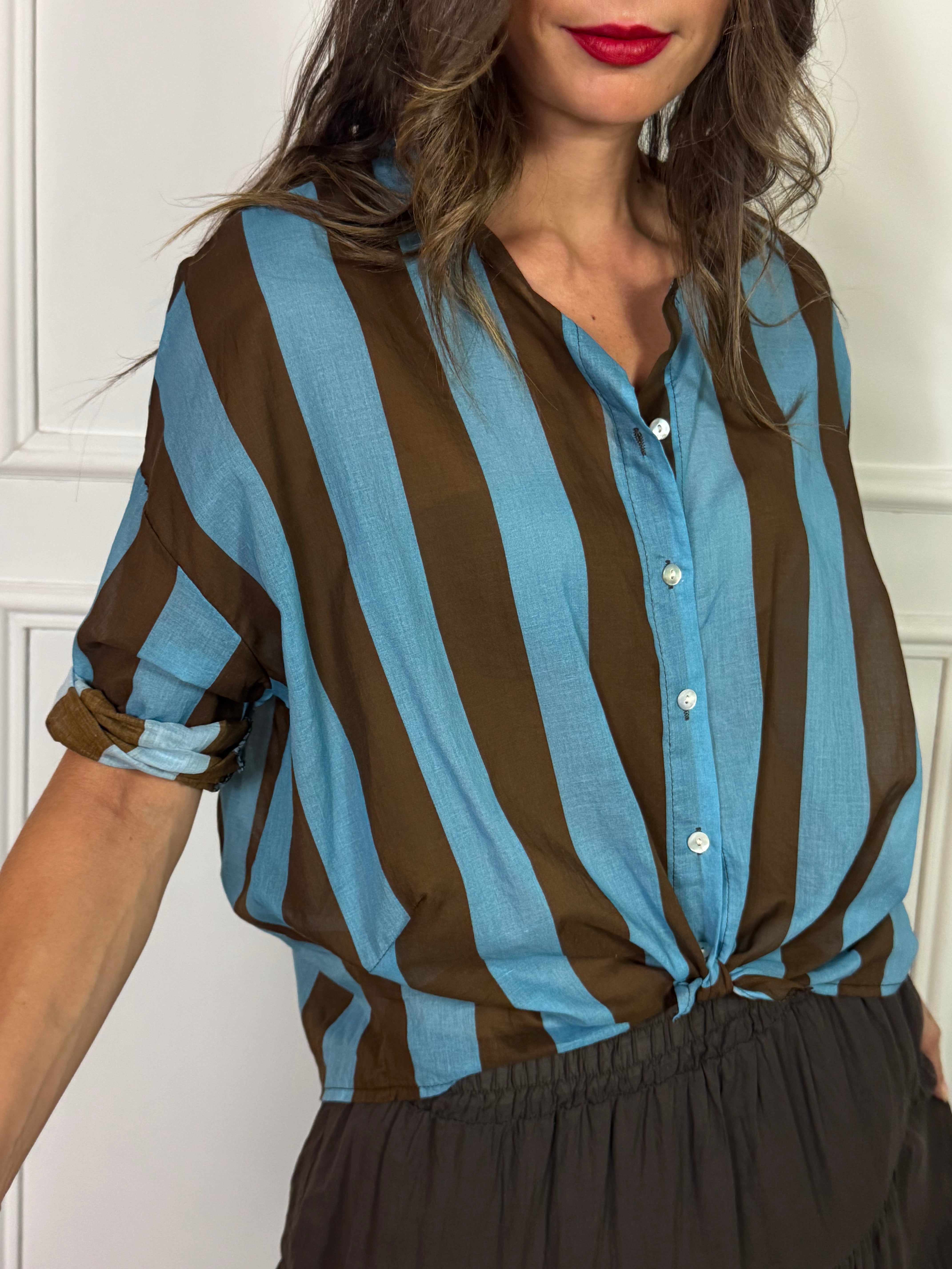 Camicia Kikisix in mussola di cotone collo coreana RIGHE GROSSE