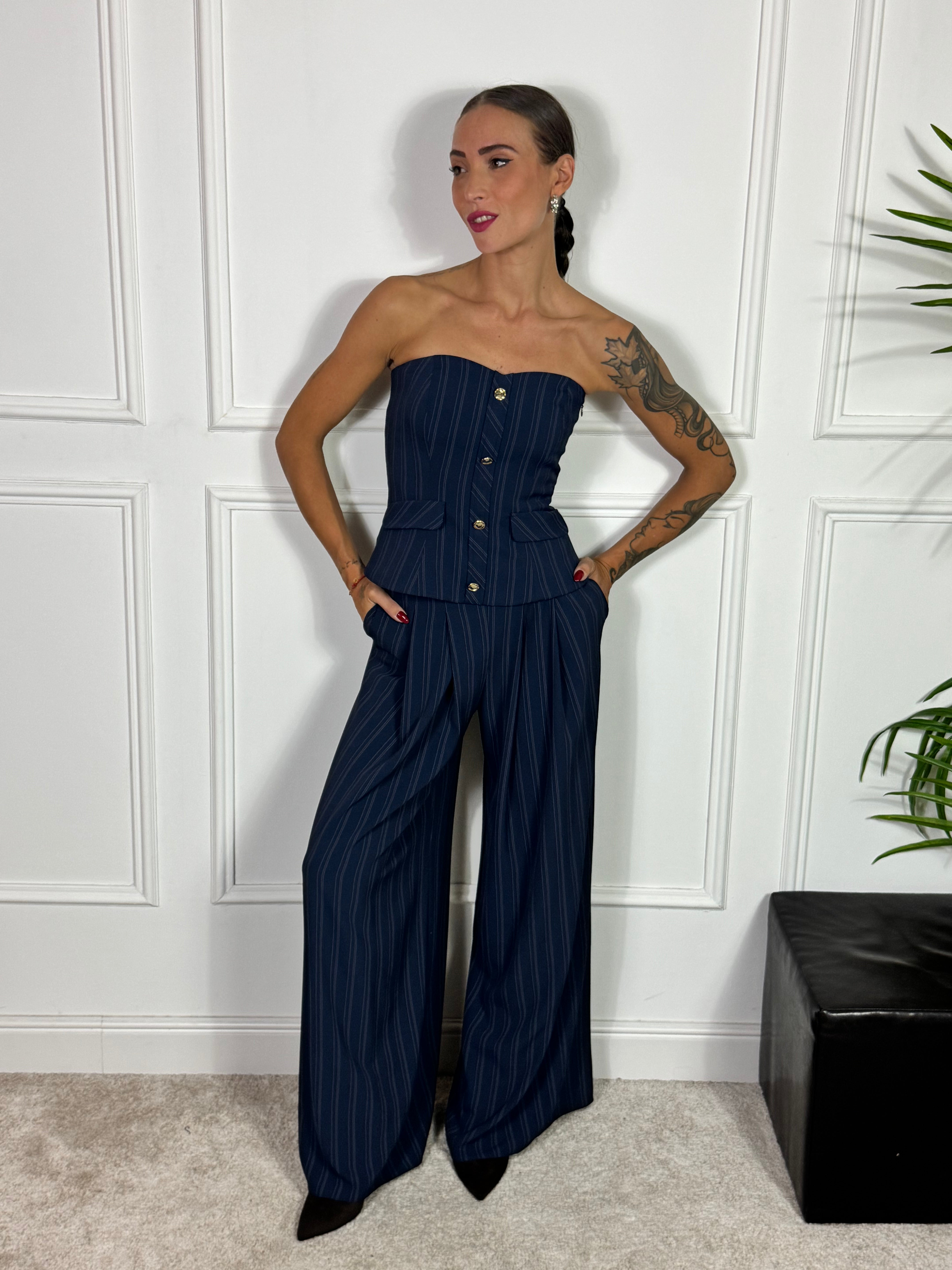 PANTALONE PALAZZO Rinascimento gessato blu