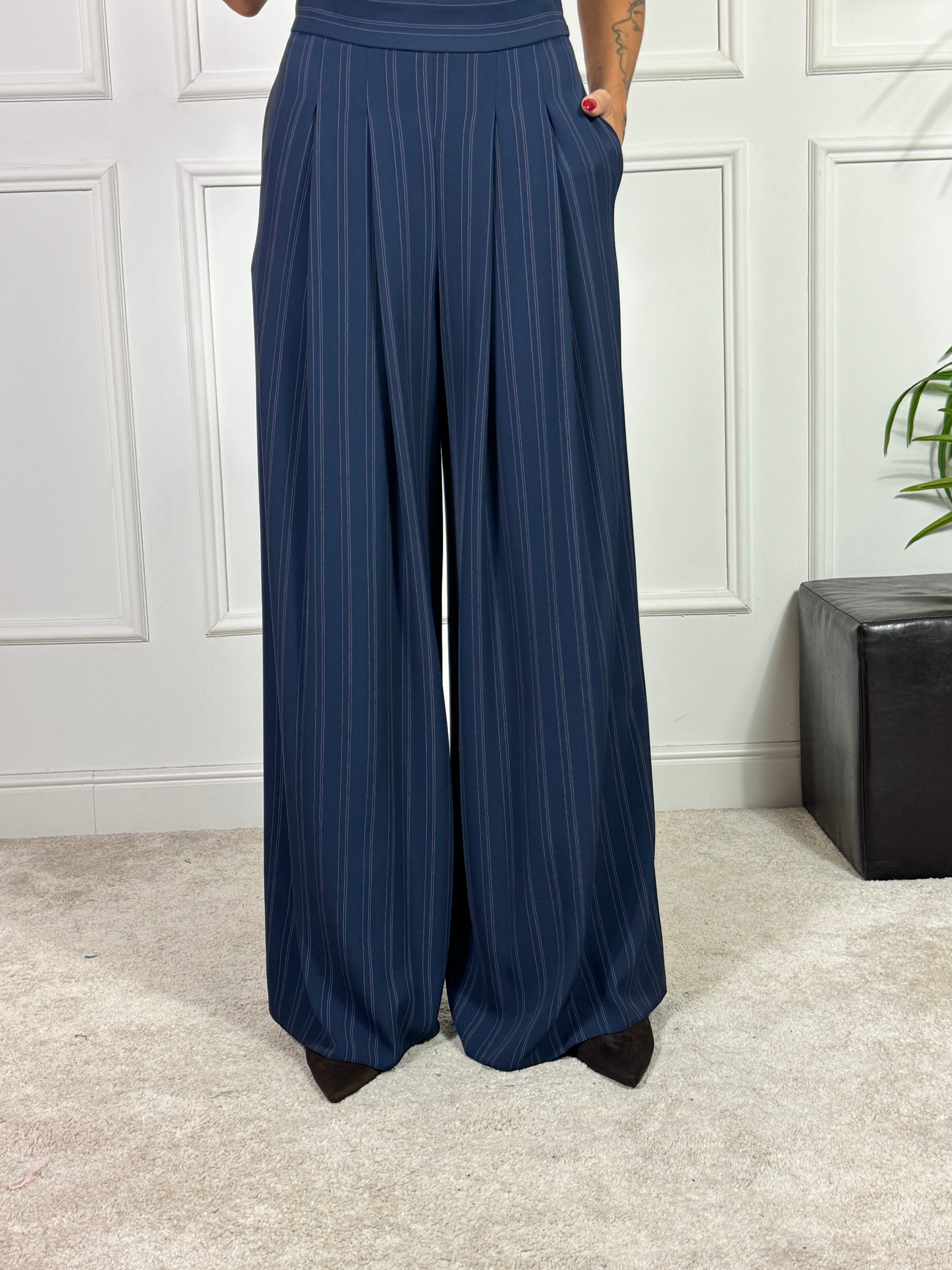 PANTALONE PALAZZO Rinascimento gessato blu