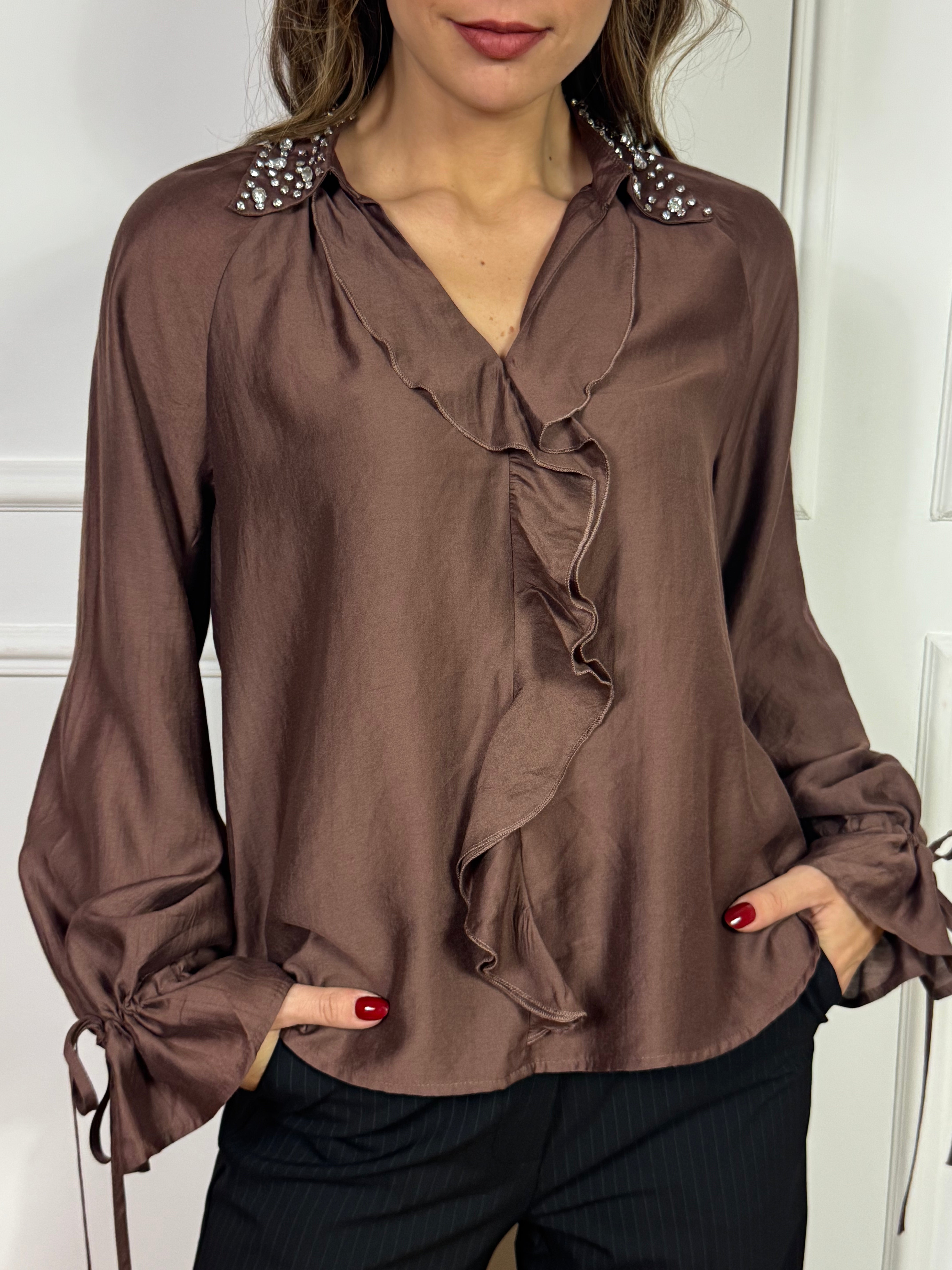 Camicia blusa in mussola di viscosa You Decide colletto con zirconi e volant