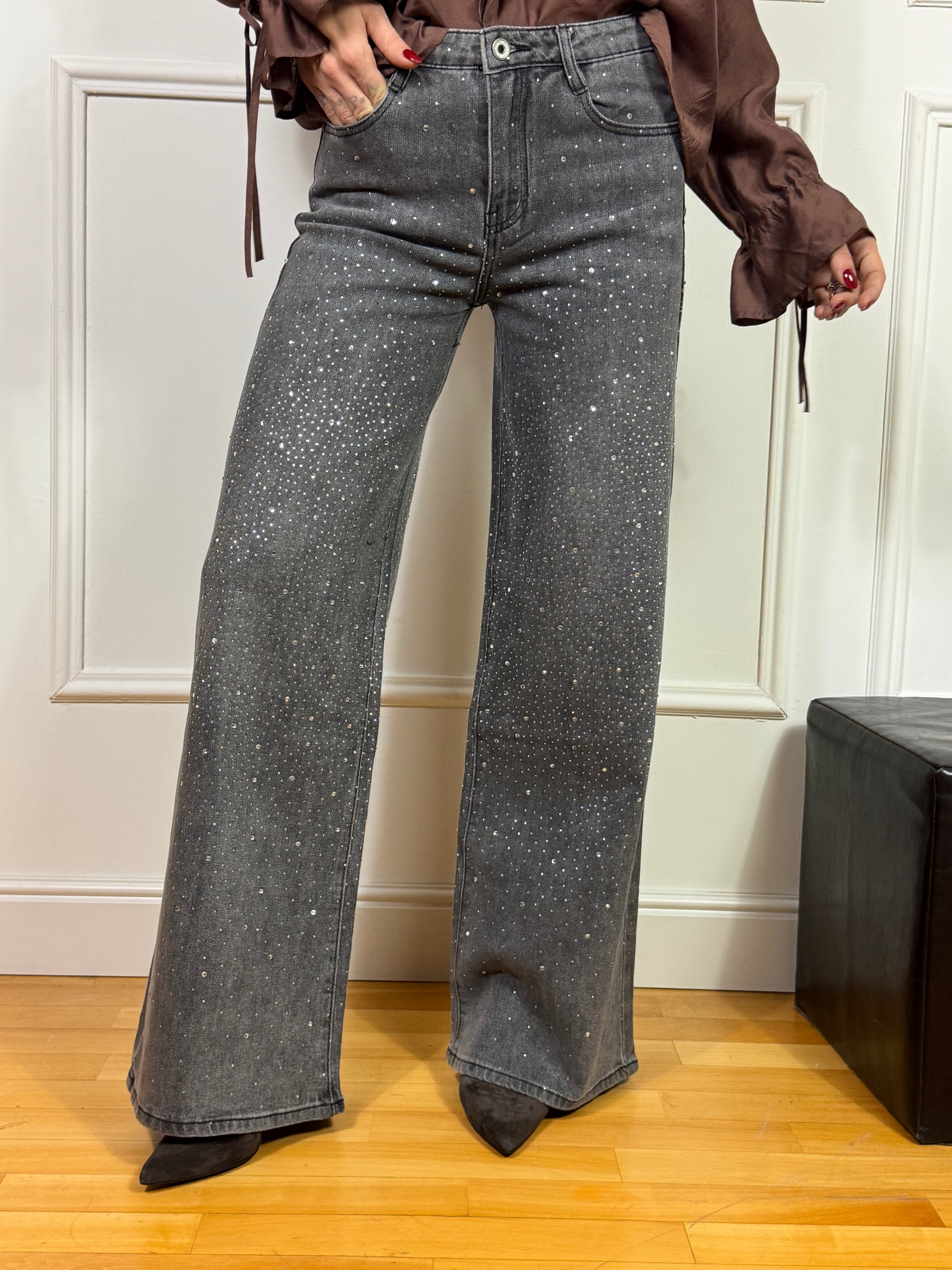 Jeans a palazzo You Decide con strass grigio delavè