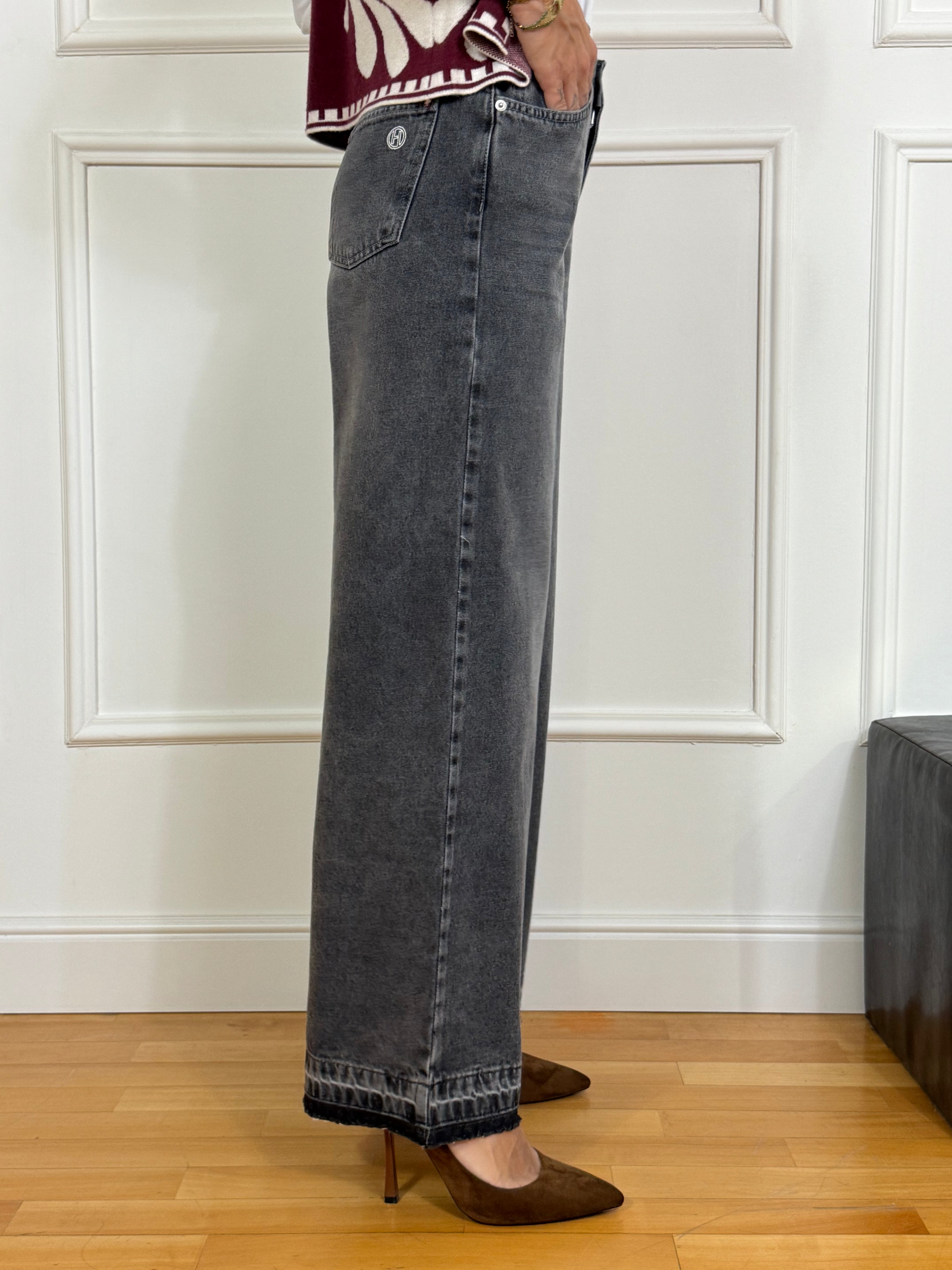 Jeans Have One ORISSA - WIDE con elastico dietro - lavaggio DENIM NERO DELAVE'