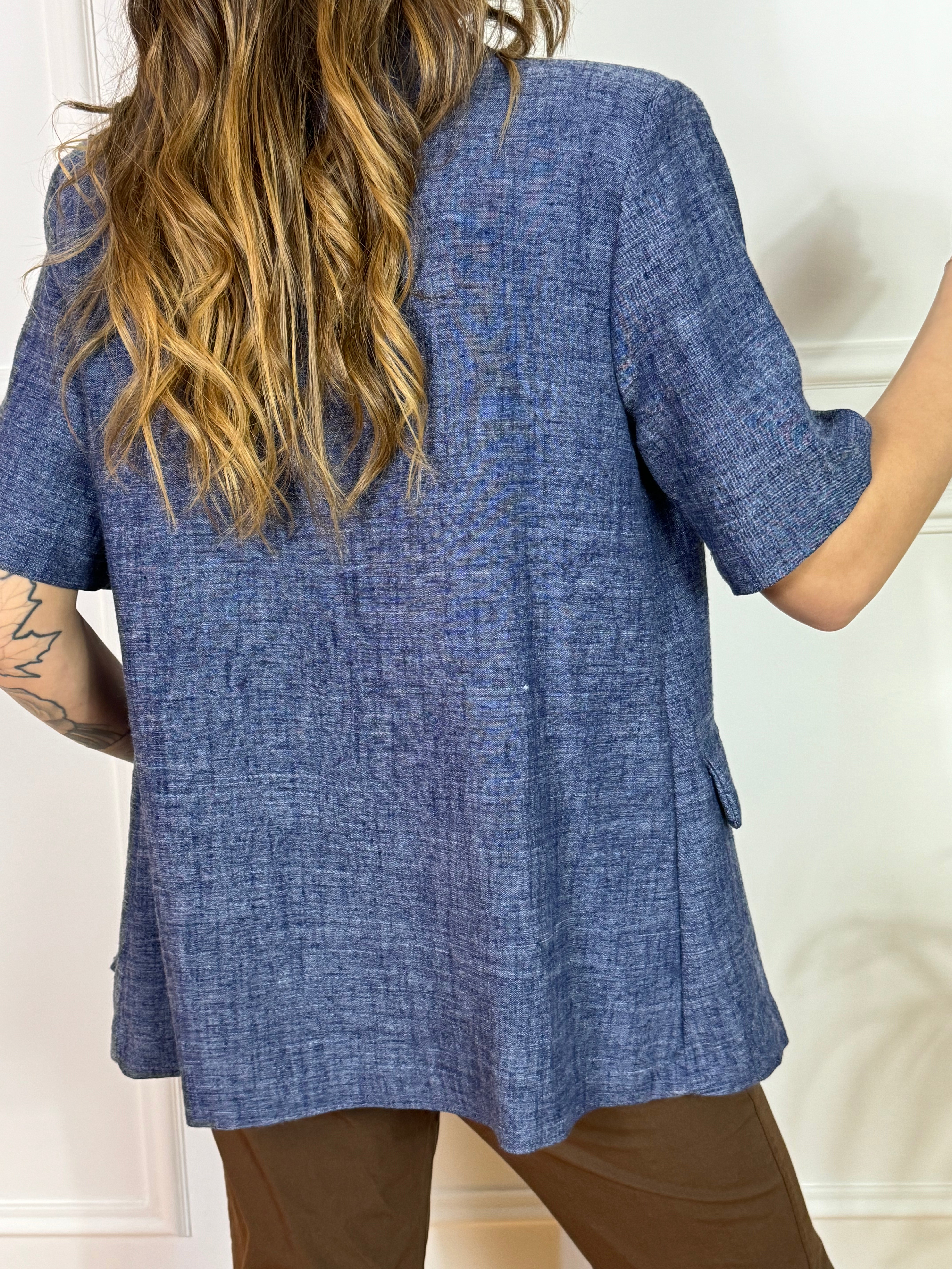 Giacca blazer manica corta Kikisix in tessuto chambray