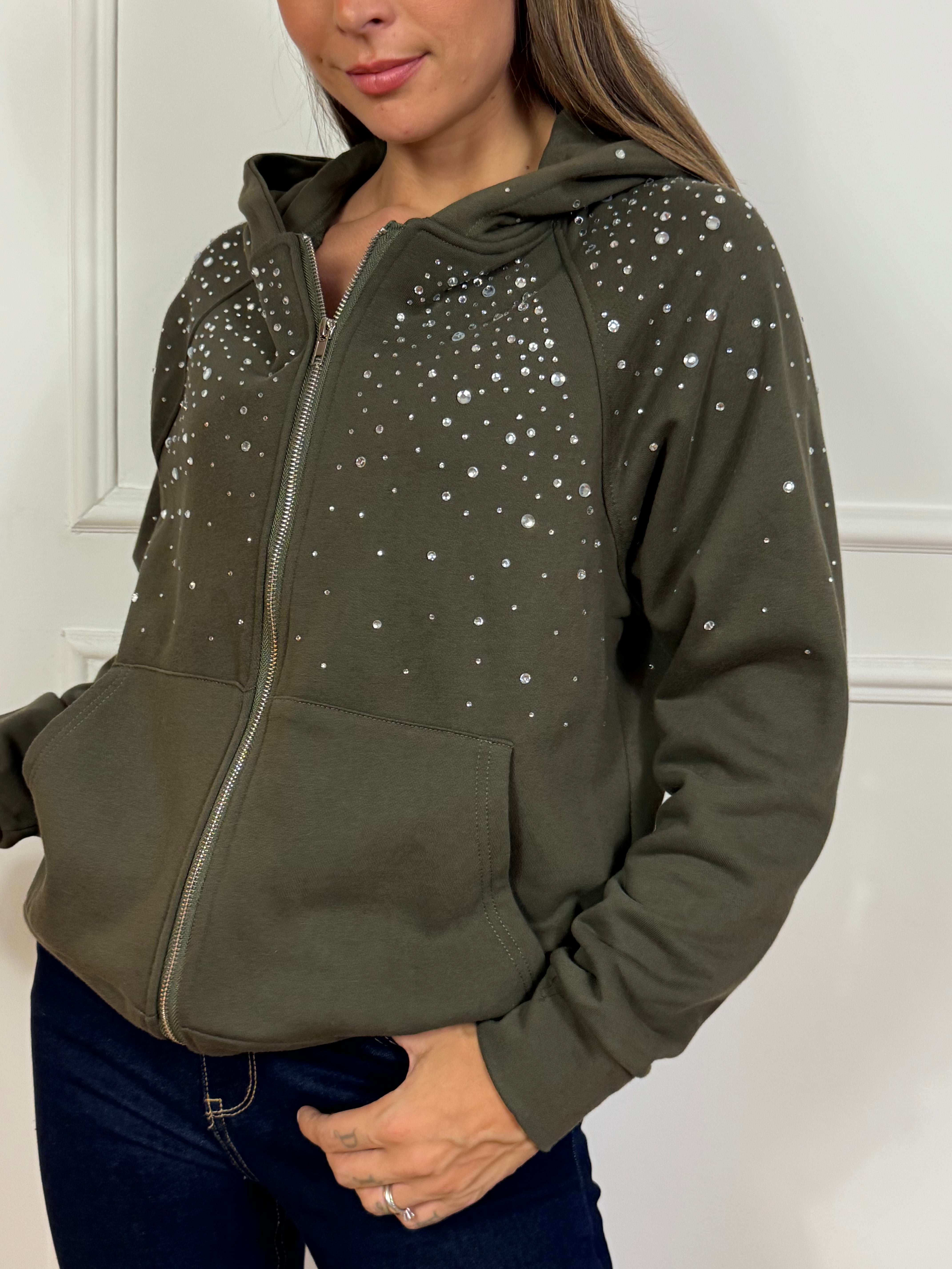Felpa garzata con cappuccio Victoria ILMH e STRASS