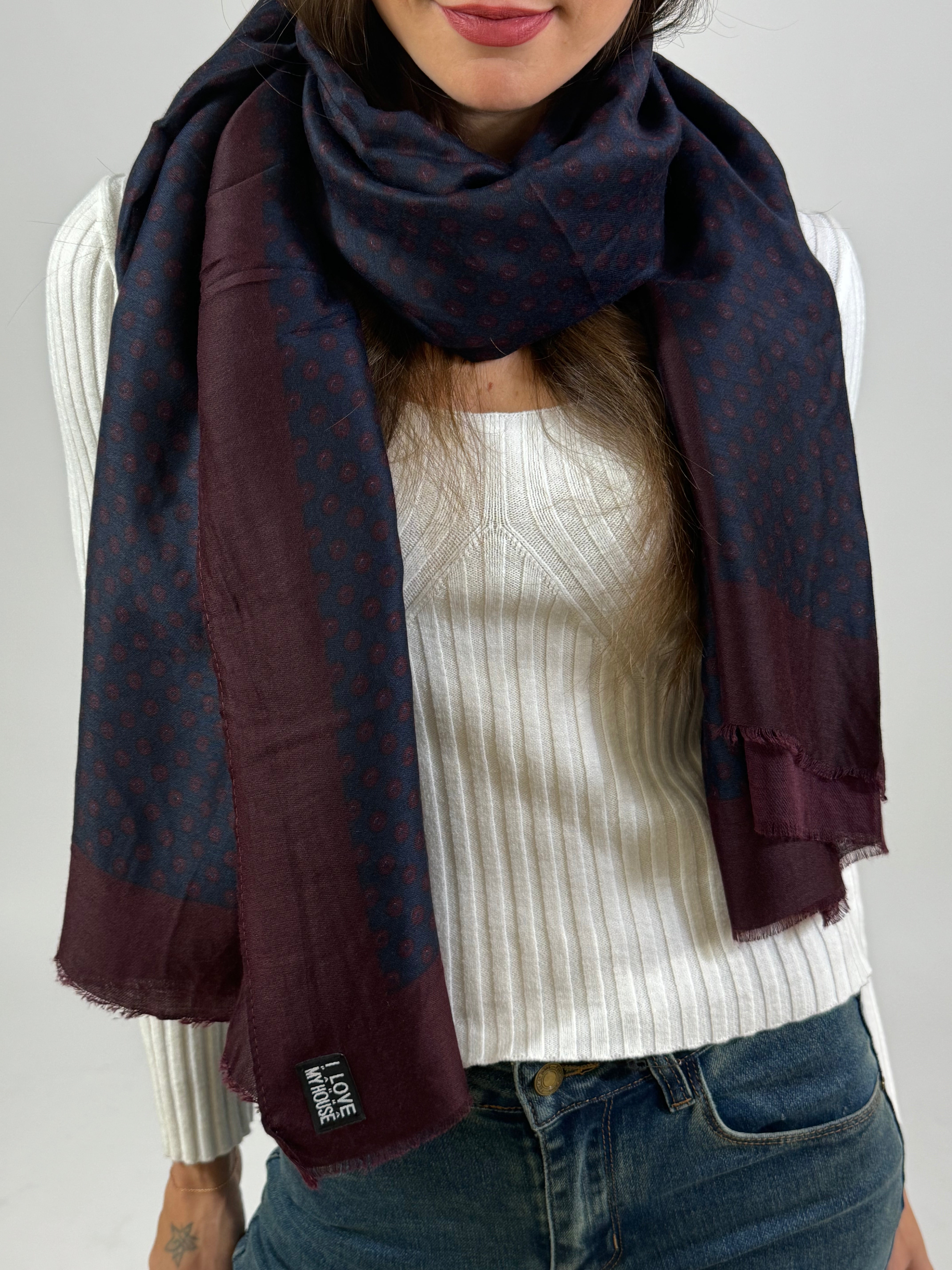 Sciarpa sottile unisex blu e bordeaux a fantasia