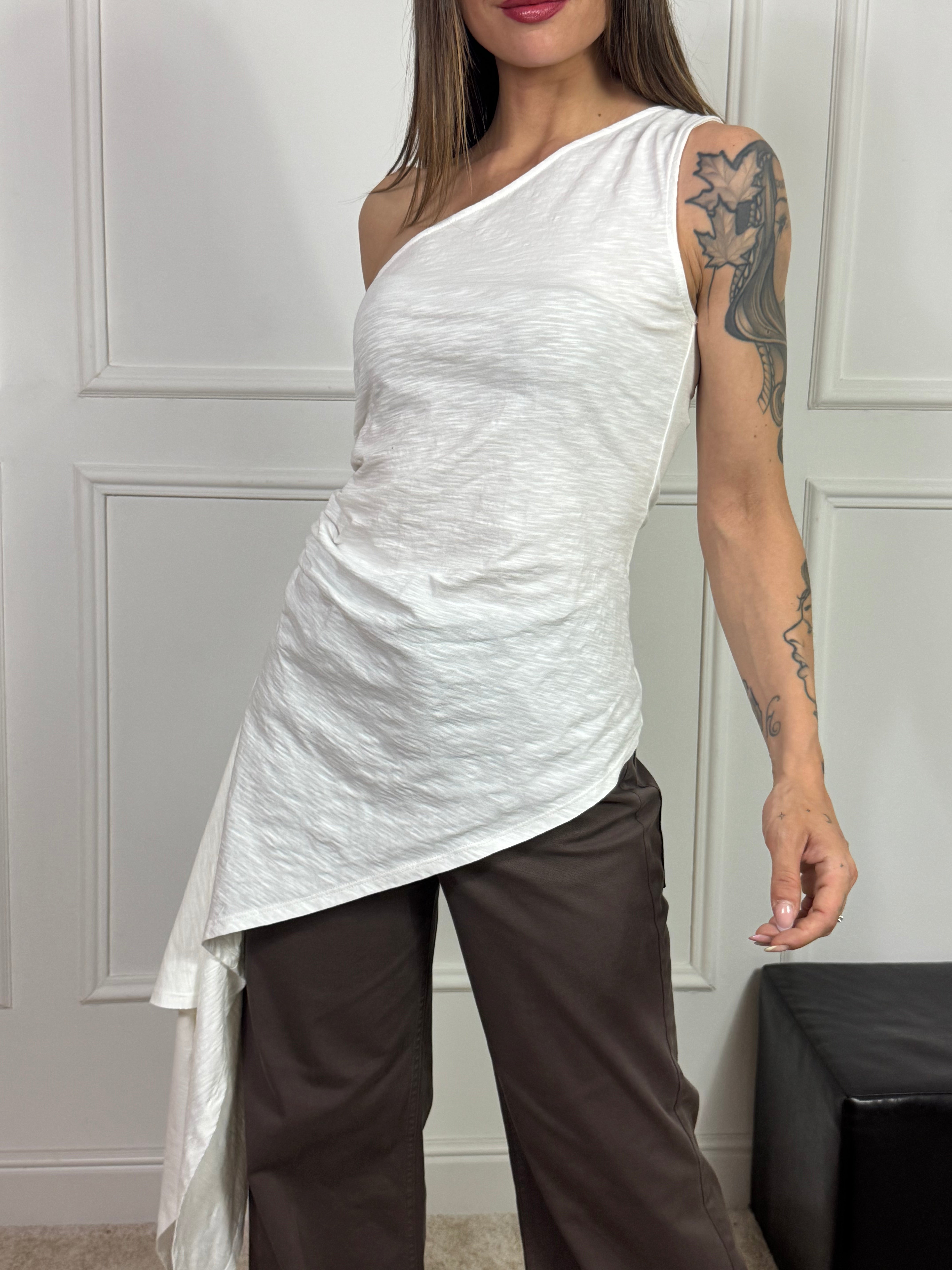 Top monospalla asimmetrico lungo doppia coda in cotone Susy Mix