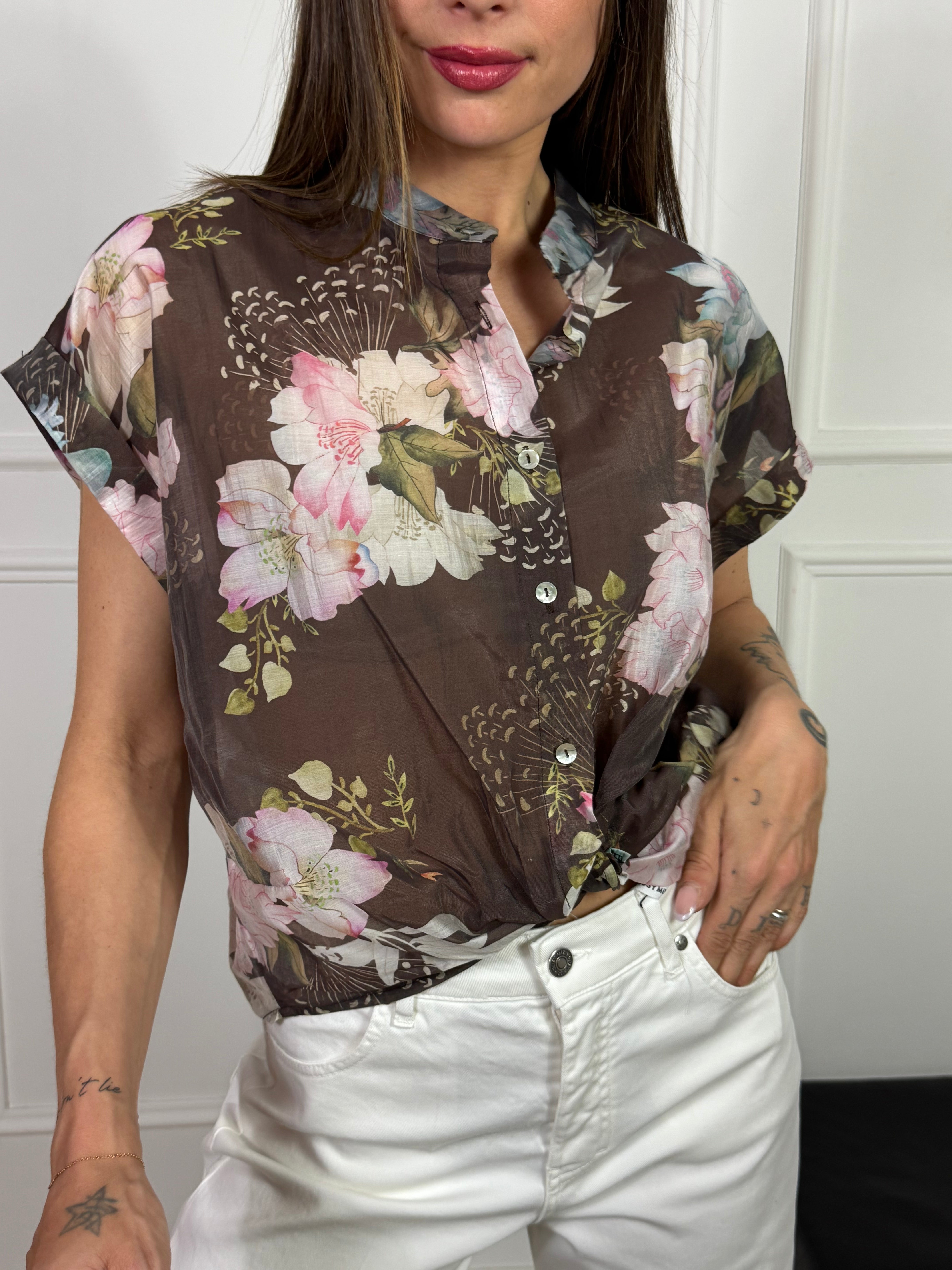 Camicia MANICA CORTA Susy Mix FANTASIA FLOREALE - MARRONE FIORI ROSA