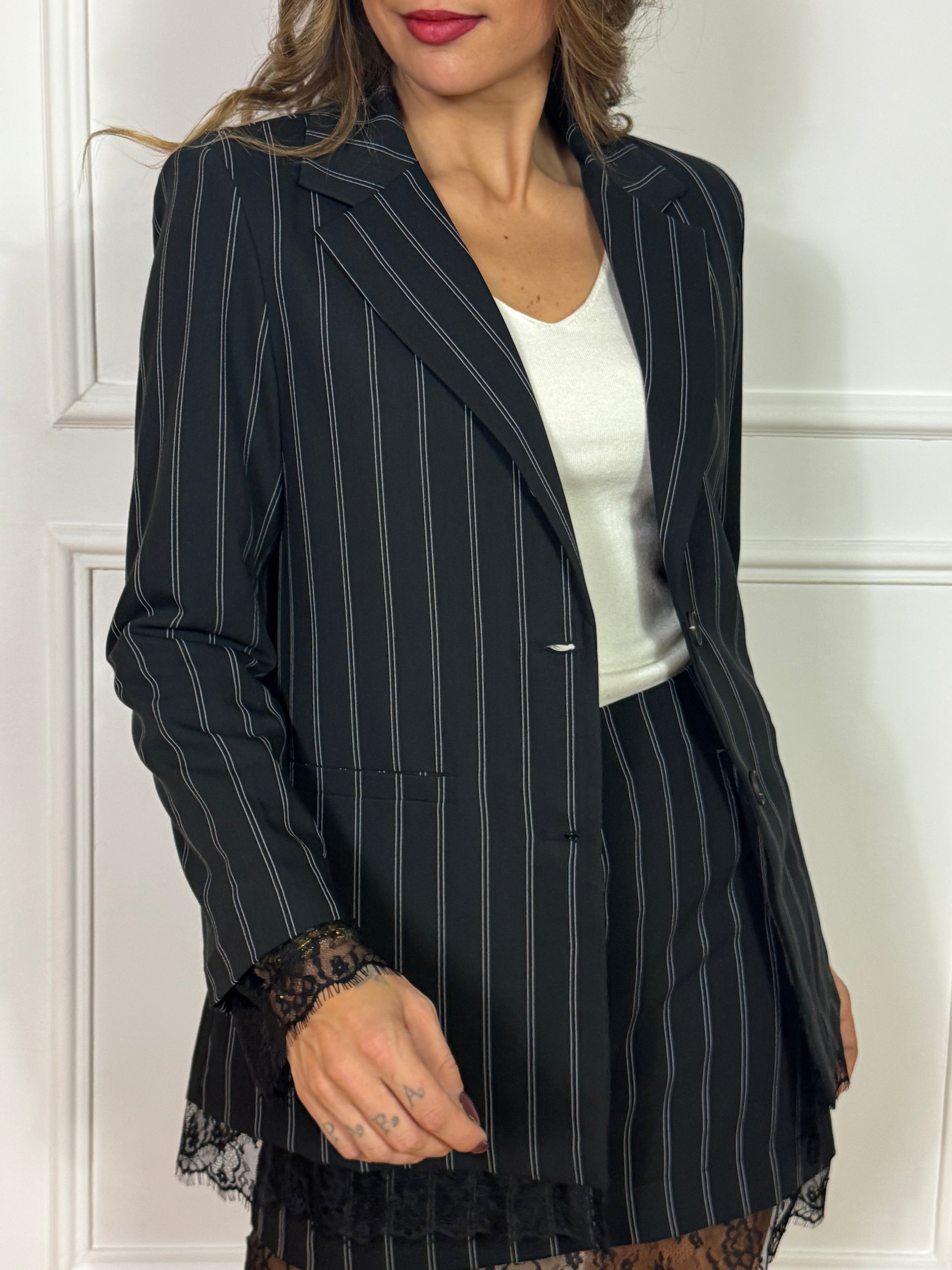 Giacca blazer Susy Mix GESSATA CON INSERTO PIZZO