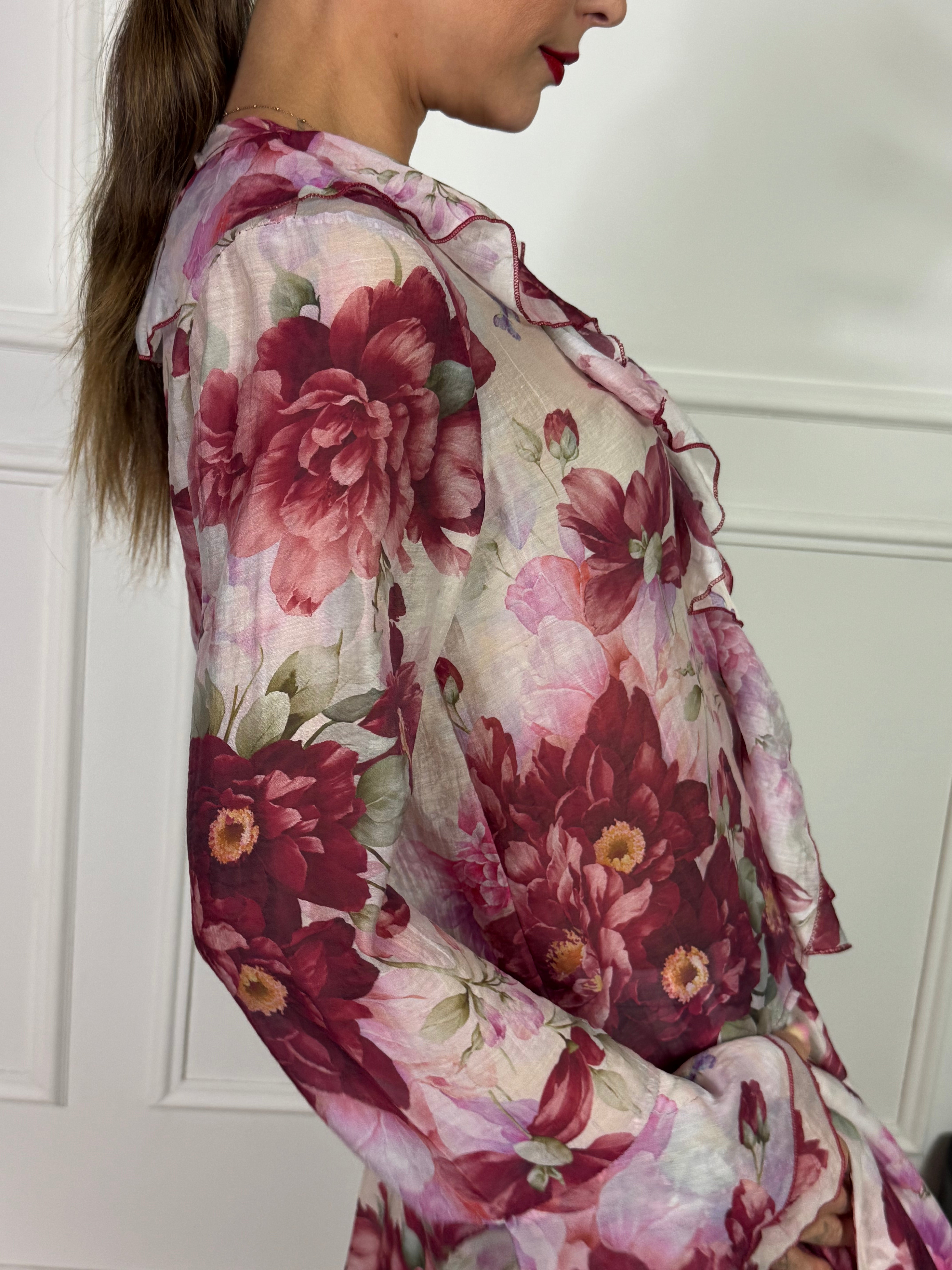 CAMICIA BLUSA Kikisix con volant fantasia fiori bordeaux