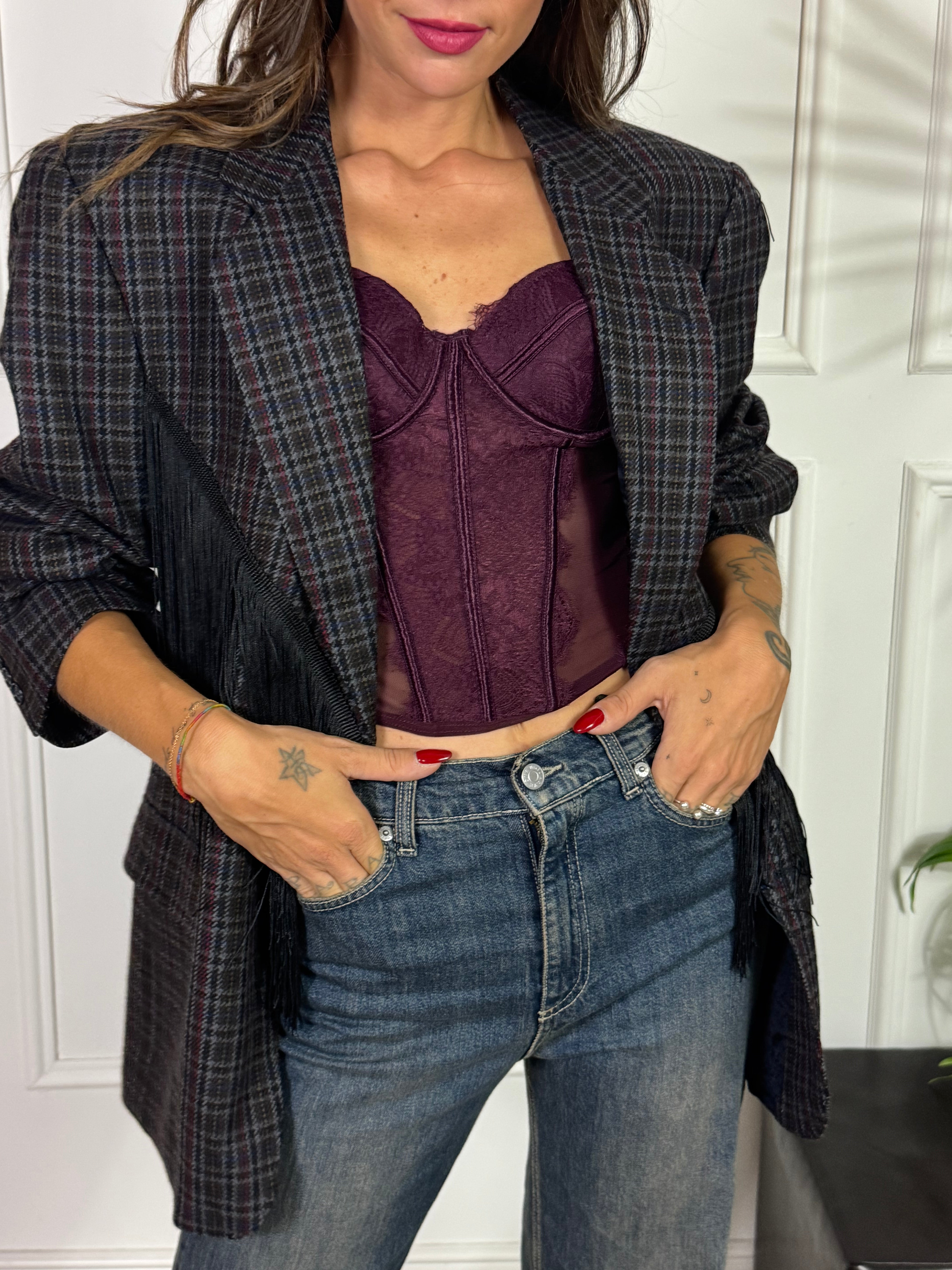 GIACCA VINTAGE OVERSIZE Susy Mix SCOZZESE FRANGE NERE