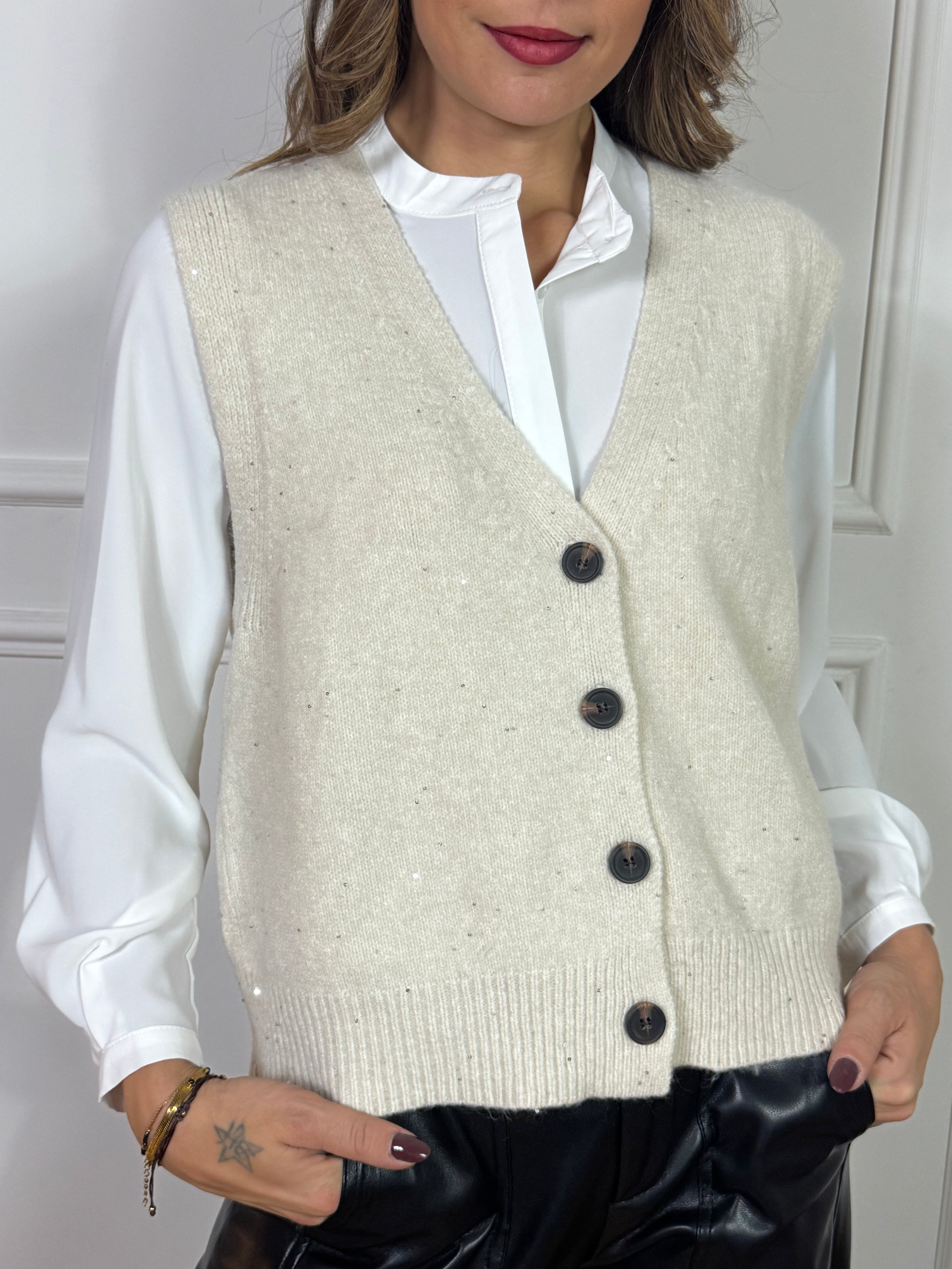 Gilet OVER in maglia con bottoni Susy Mix MICROPAILLETTES