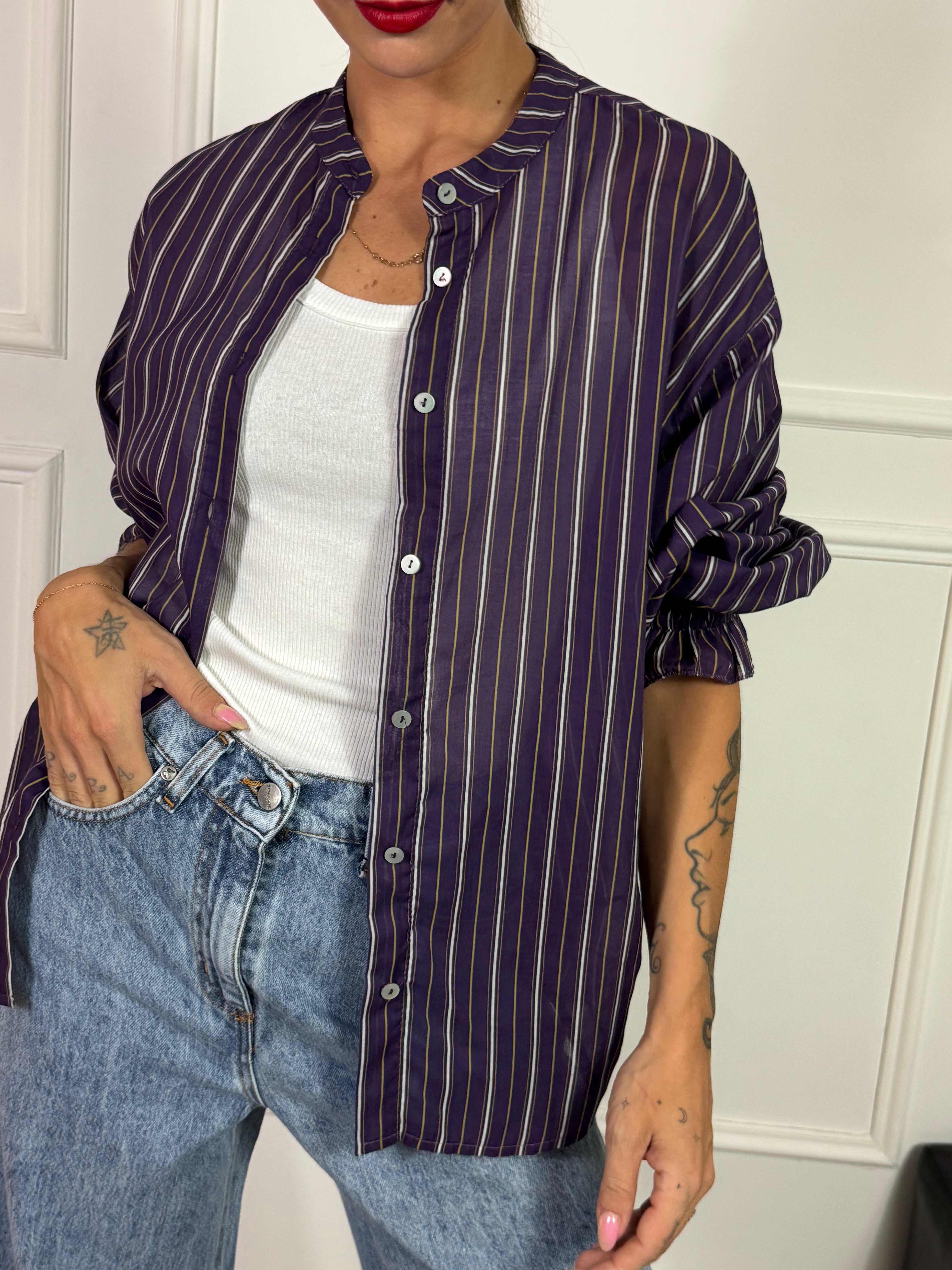Camicia in mussola Susy Mix fantasia melanzana righe
