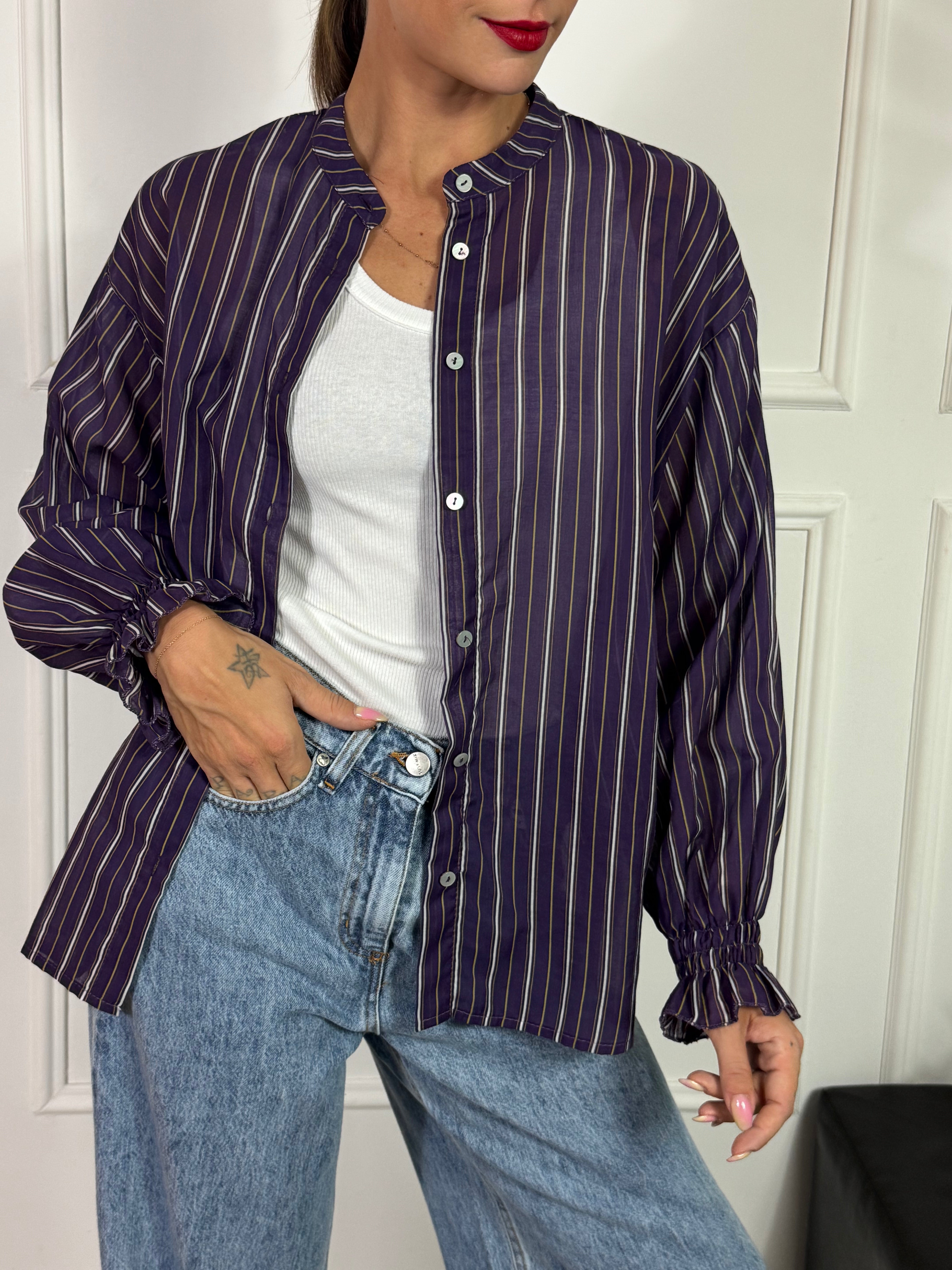Camicia in mussola Susy Mix fantasia melanzana righe
