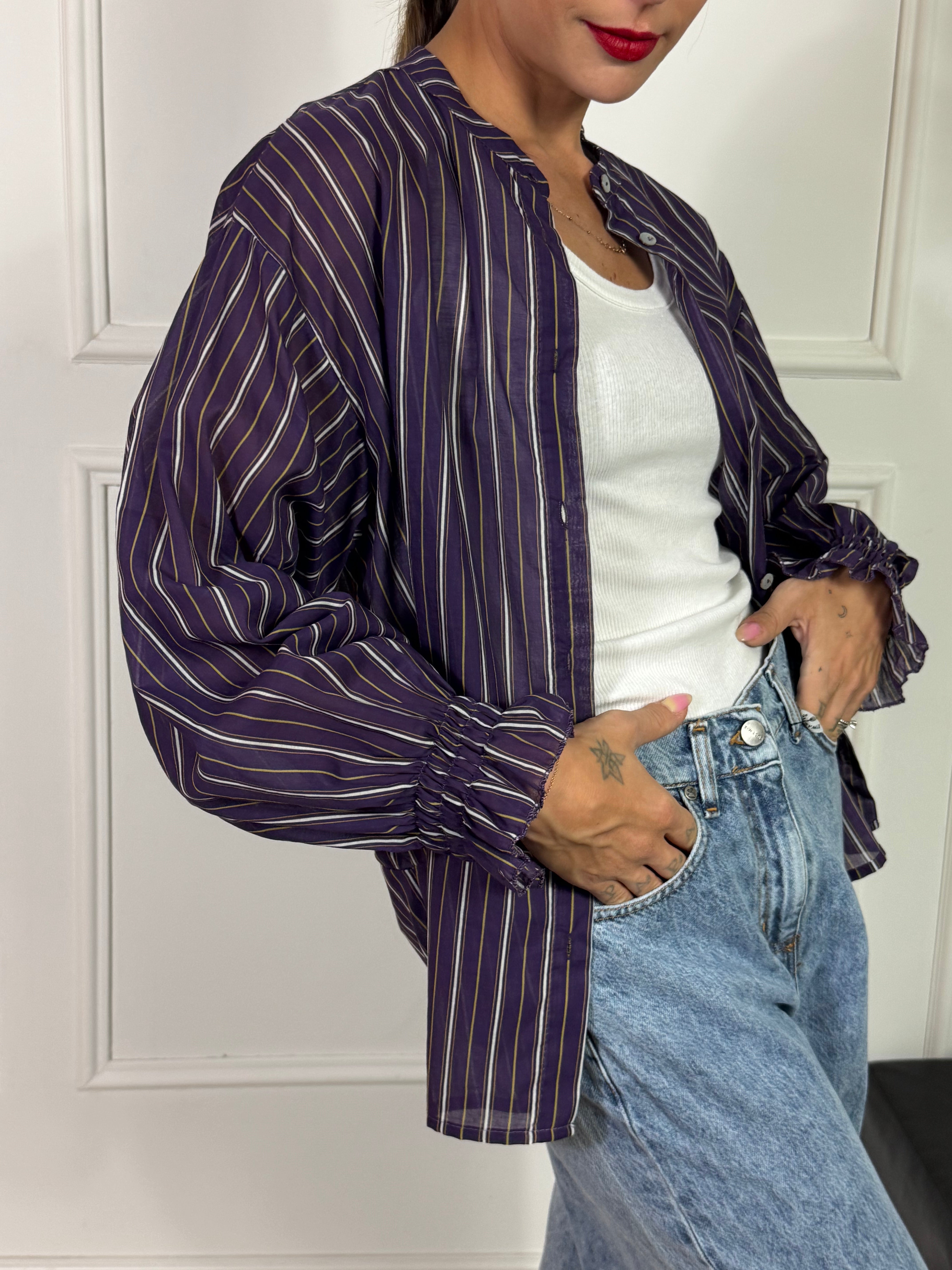 Camicia in mussola Susy Mix fantasia melanzana righe