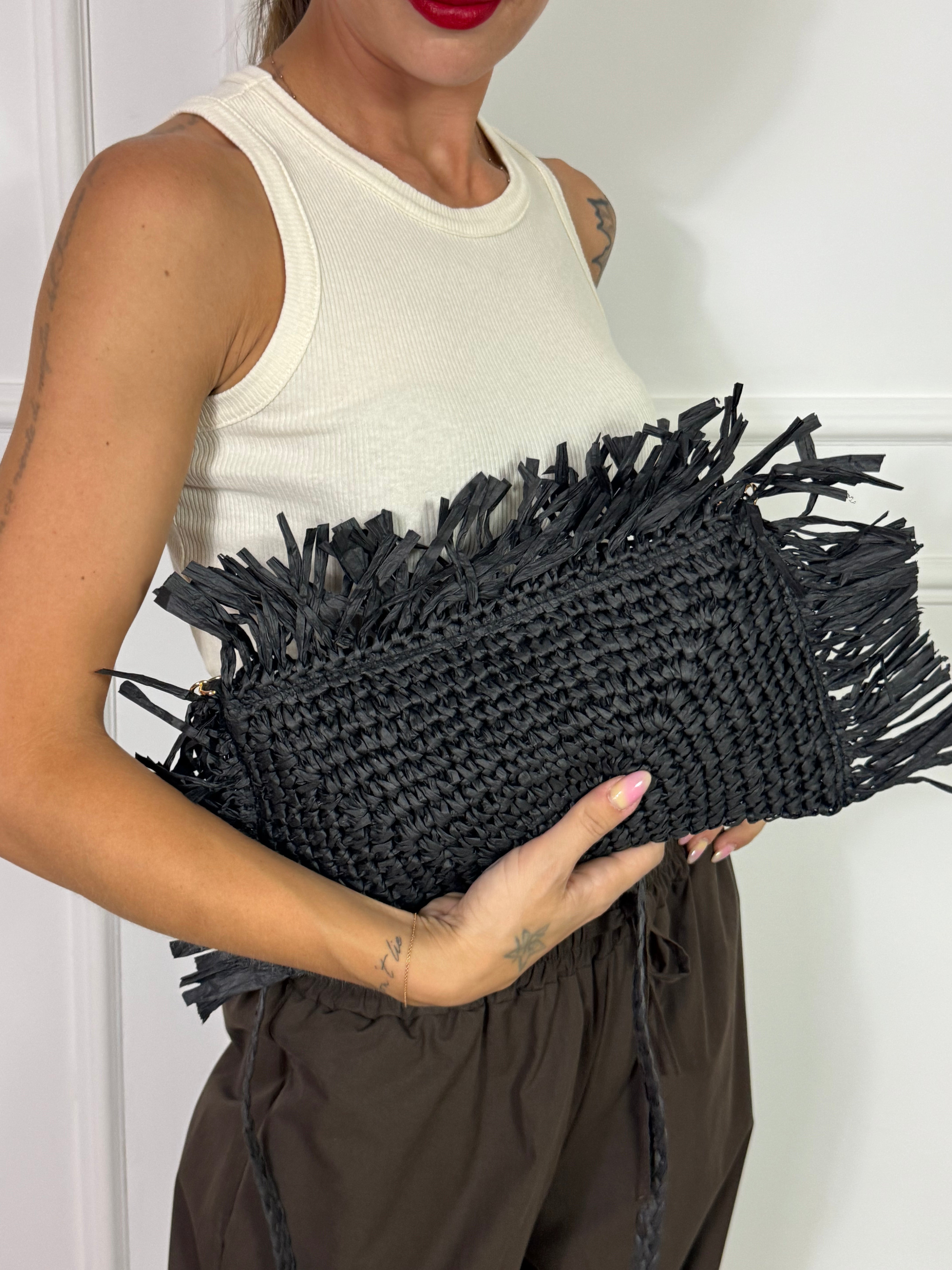 Borsa tracollina / Pochette rettangolare in raffia con frange