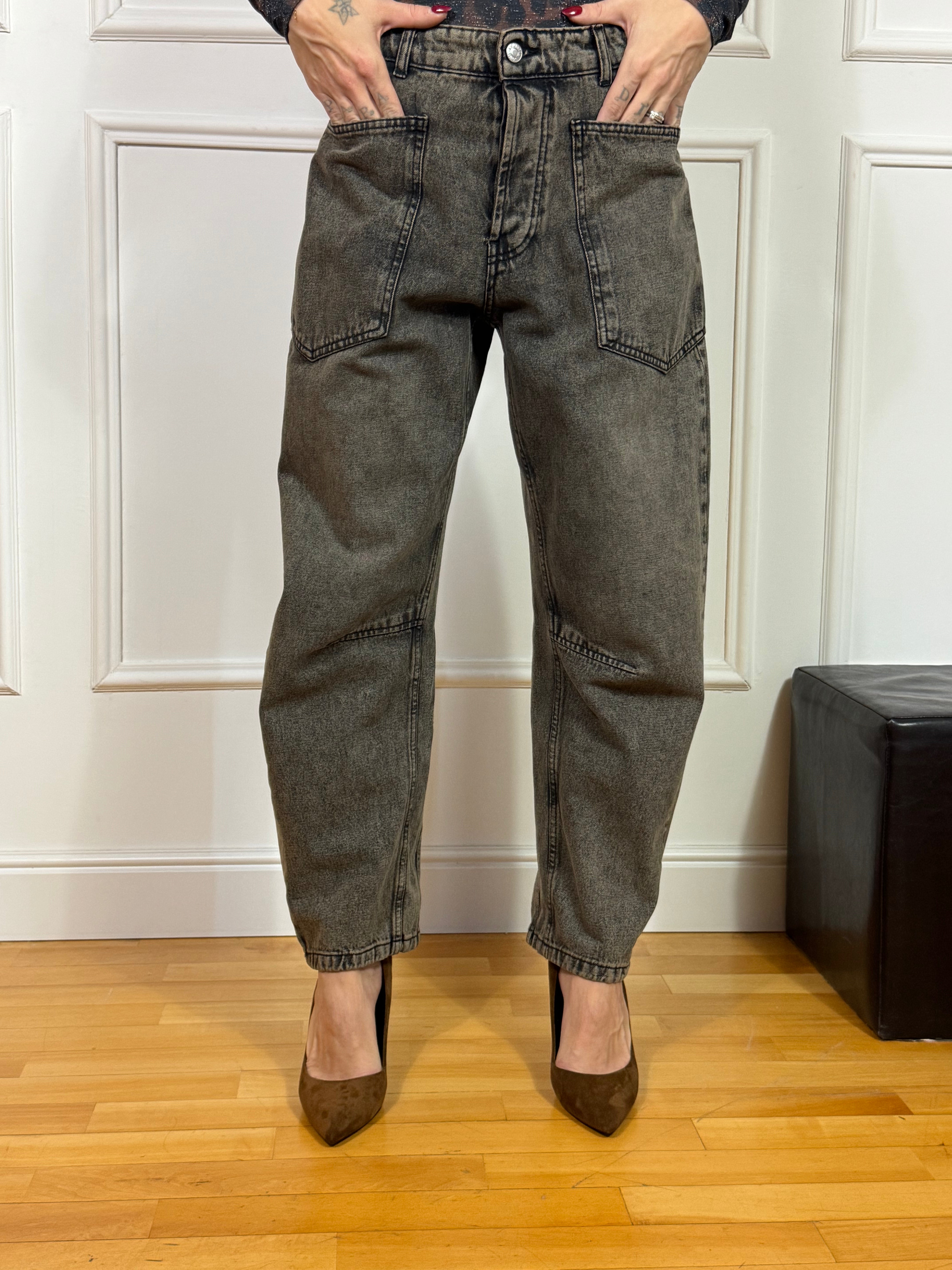 Jeans Kontatto BALOON CON TASCONI DAVANTI modello AGATA - lavaggio VINTAGE GRIGIO SABBIATO