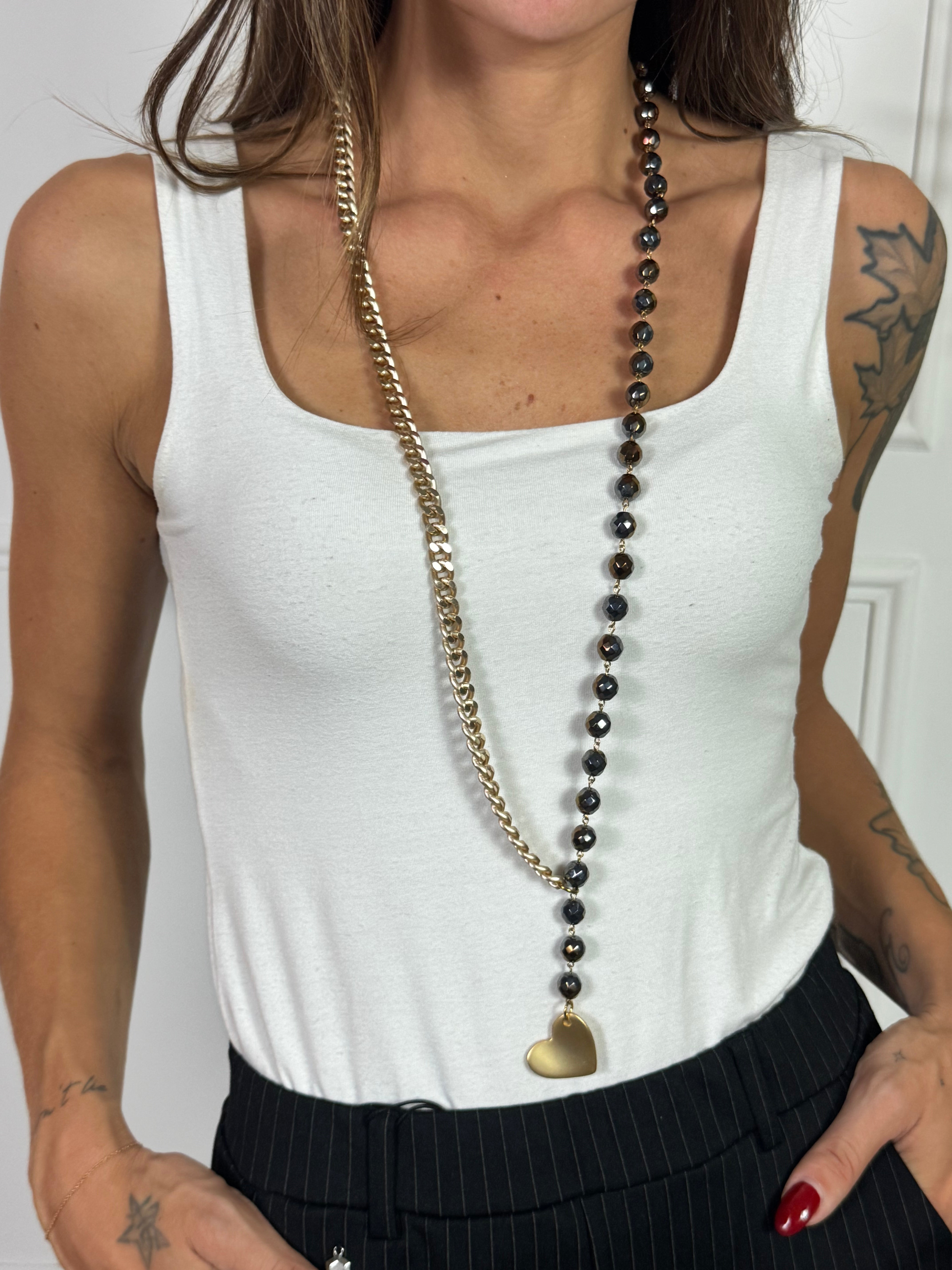 Collana Momi FRANCESCA LUNGA -ORO - CUORE - SFUMATO PIOMBO BRONZO