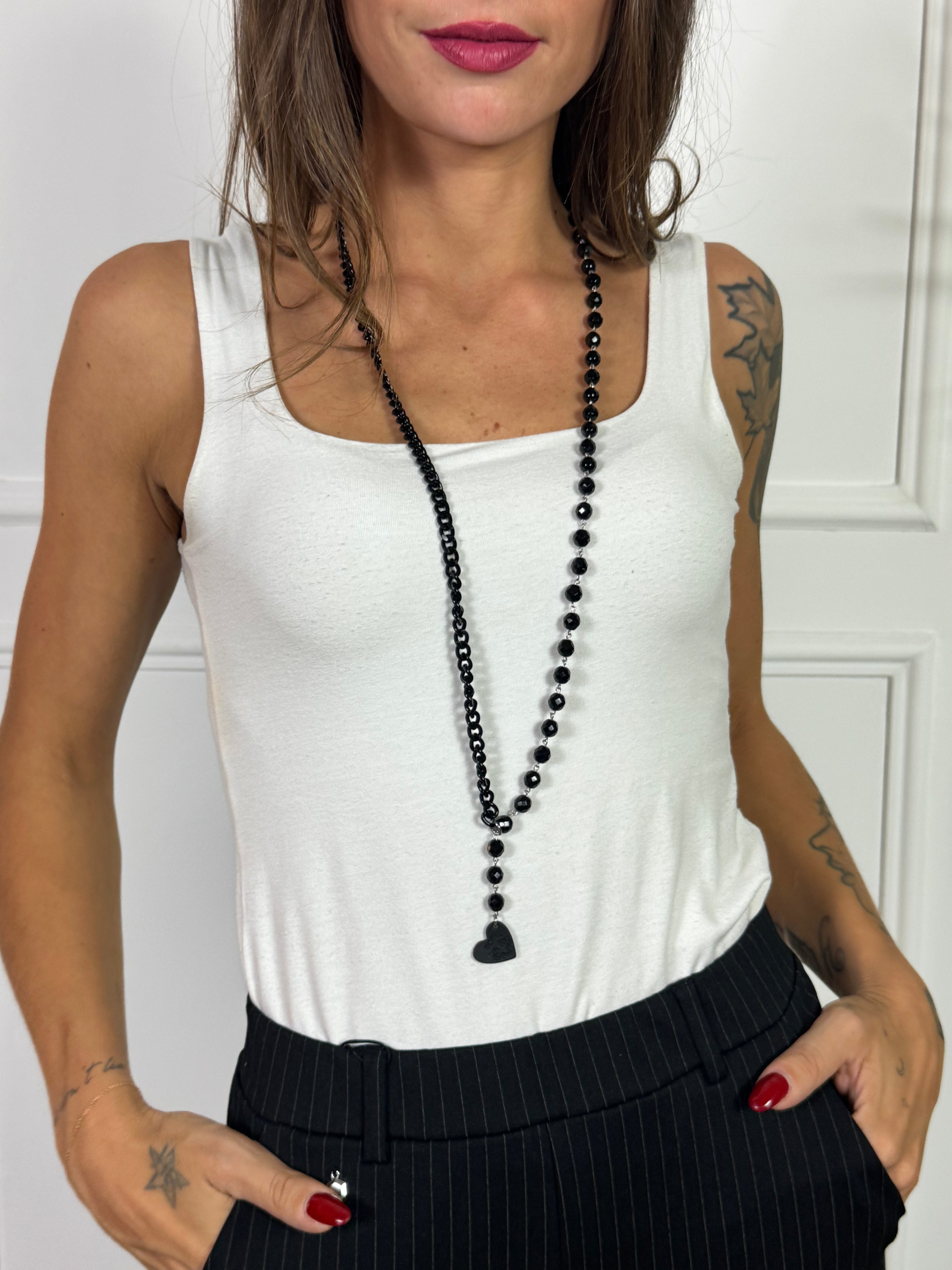 Collana Momi FRANCESCHINA PERLINE E CIONDOLO PICCOLI - TOTAL BLACK - CUORE