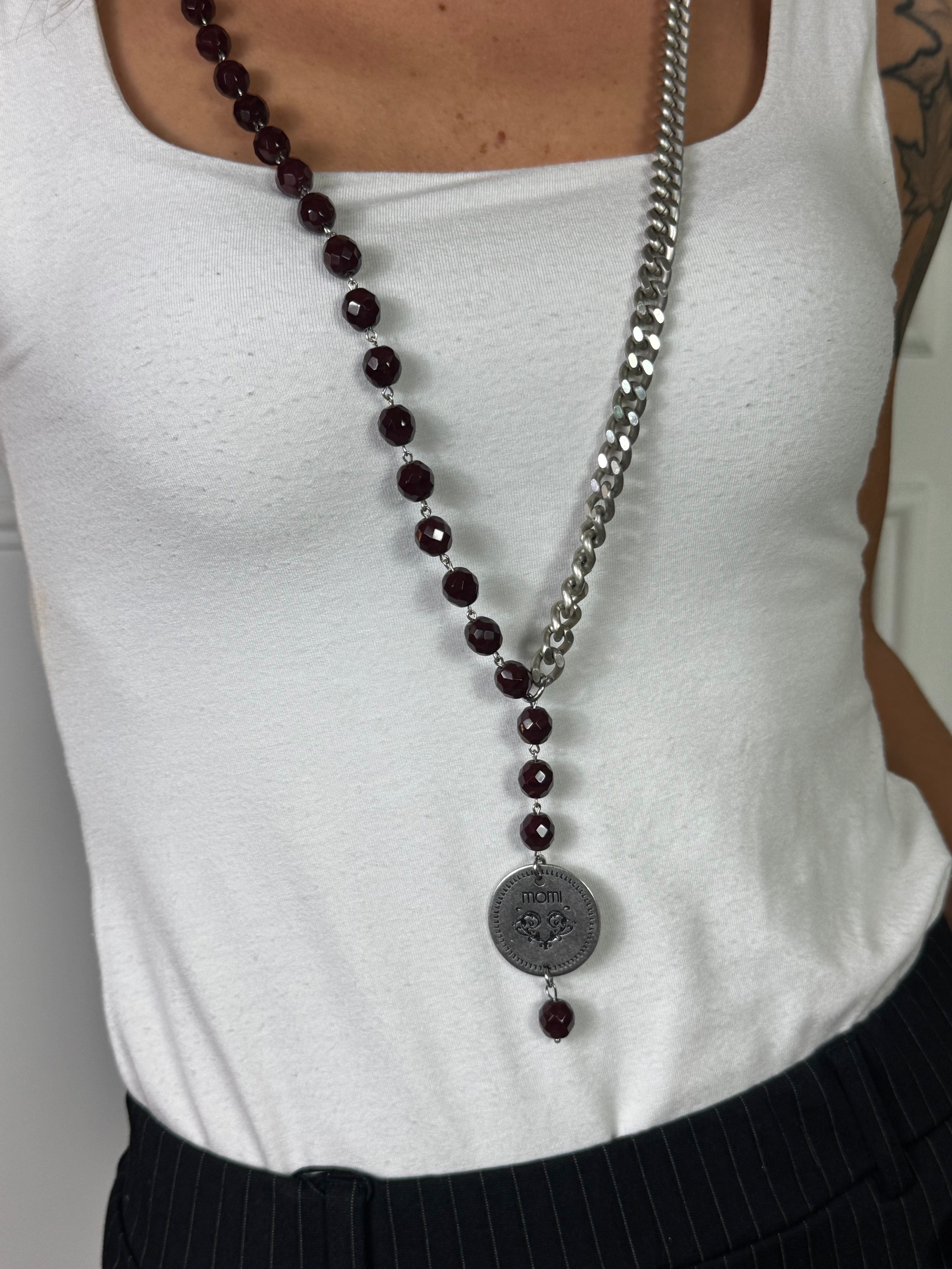 Collana Momi FRANCESCA LUNGA -ARGENTO - MEDAGLIA - BORDEAUX