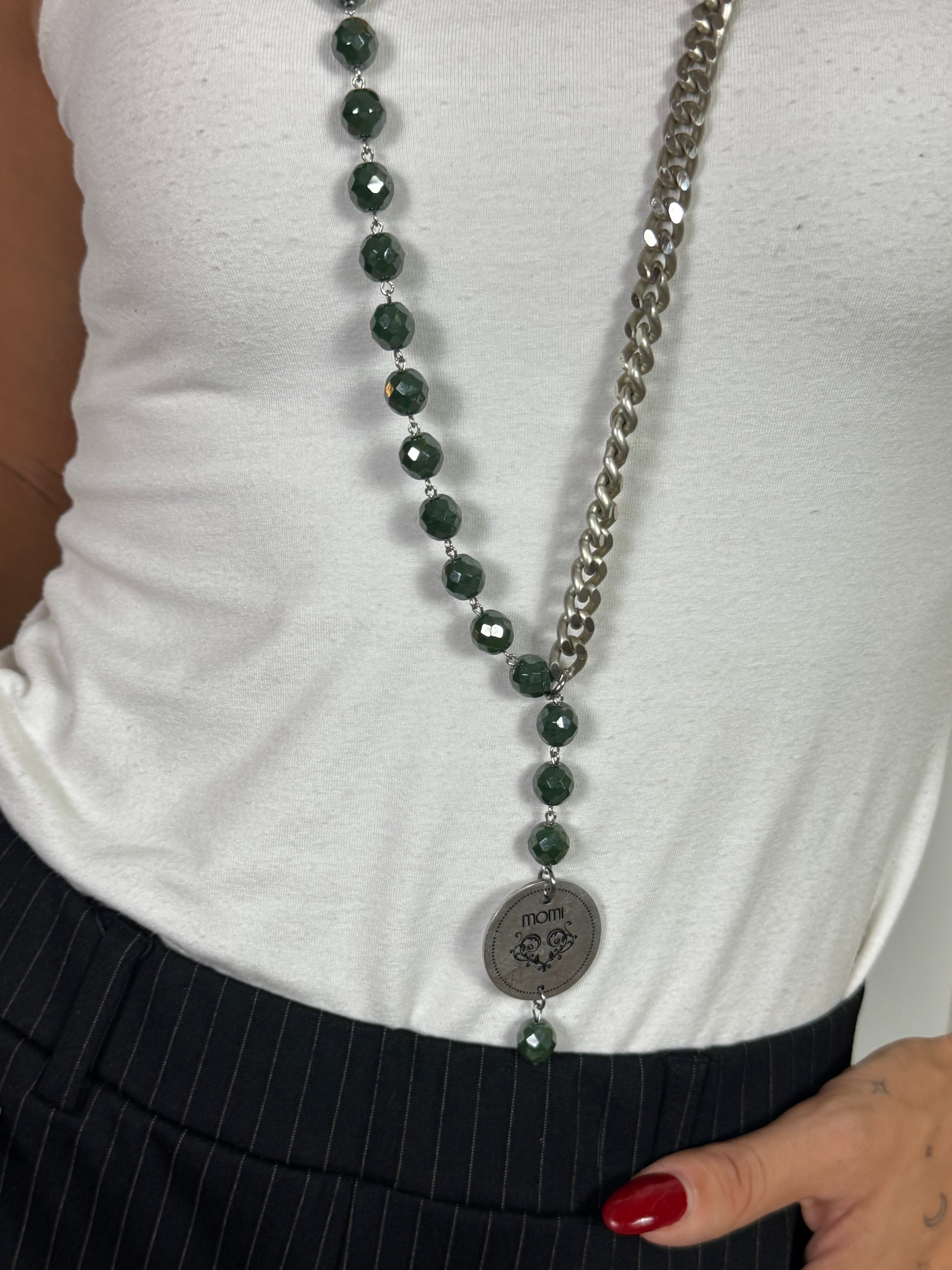 Collana Momi FRANCESCA LUNGA -ARGENTO - MEDAGLIA - VERDE