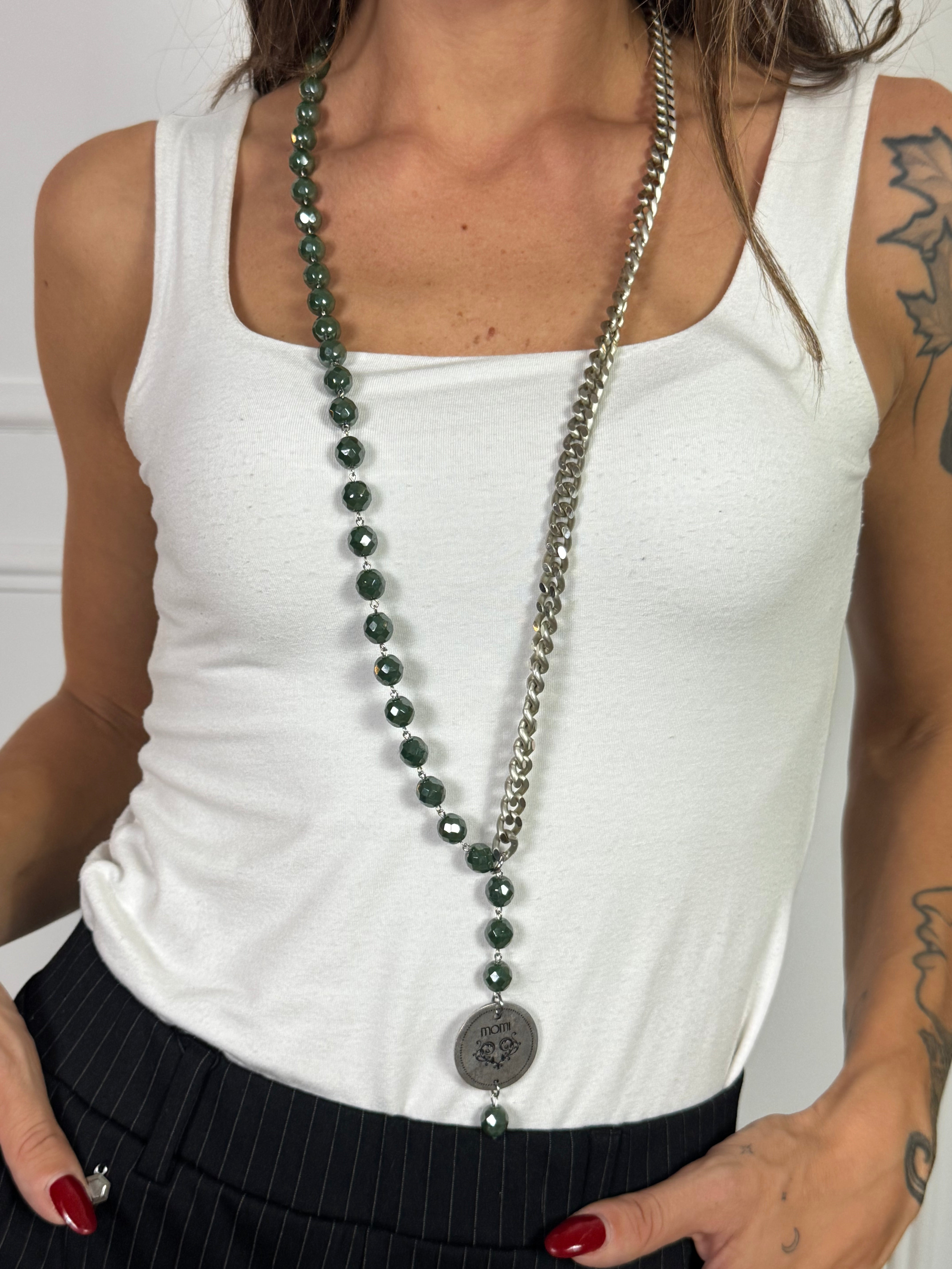 Collana Momi FRANCESCA LUNGA -ARGENTO - MEDAGLIA - VERDE
