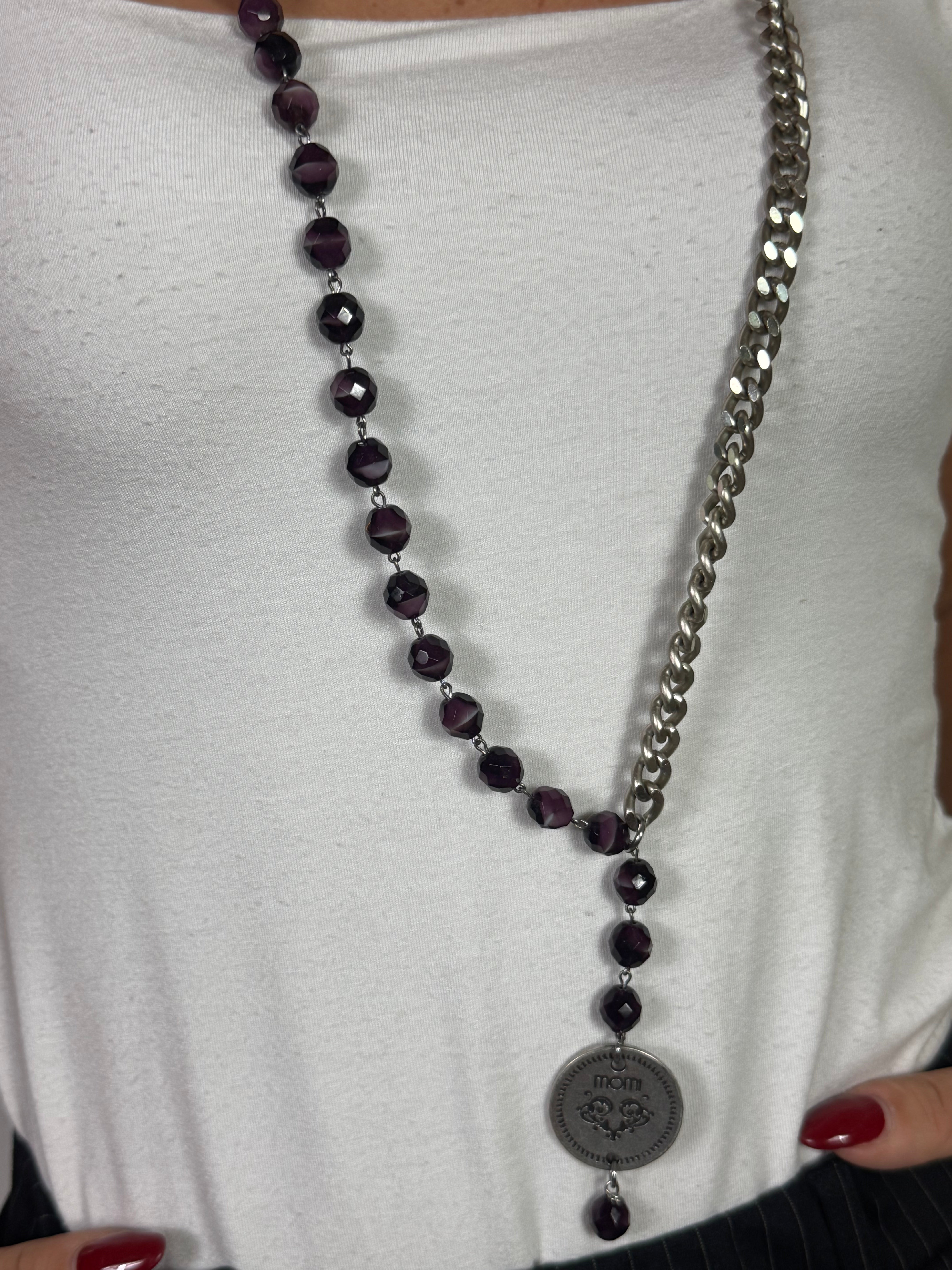 Collana Momi FRANCESCA LUNGA -ARGENTO - MEDAGLIA - VIOLA SFUMATO