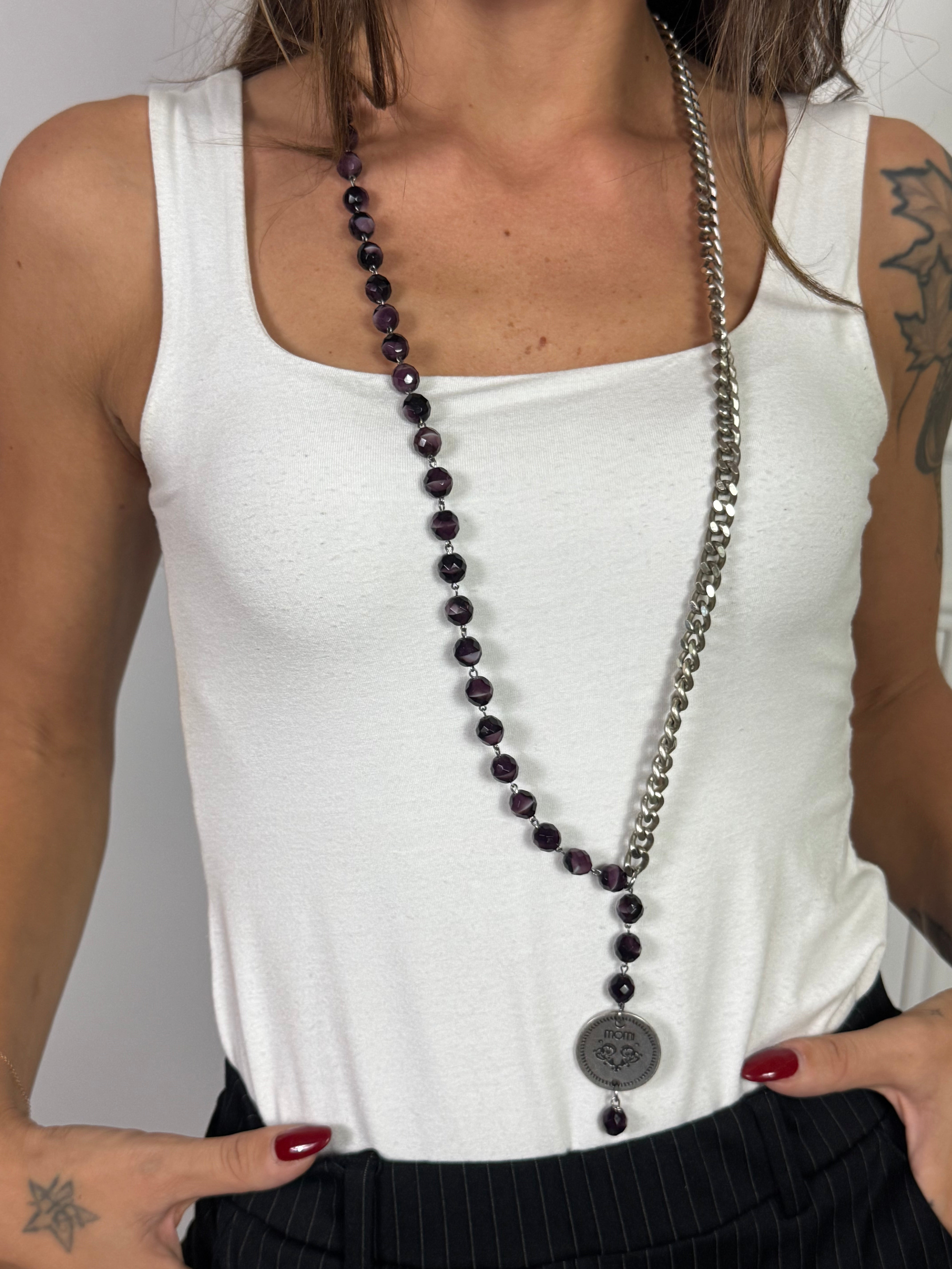 Collana Momi FRANCESCA LUNGA -ARGENTO - MEDAGLIA - VIOLA SFUMATO
